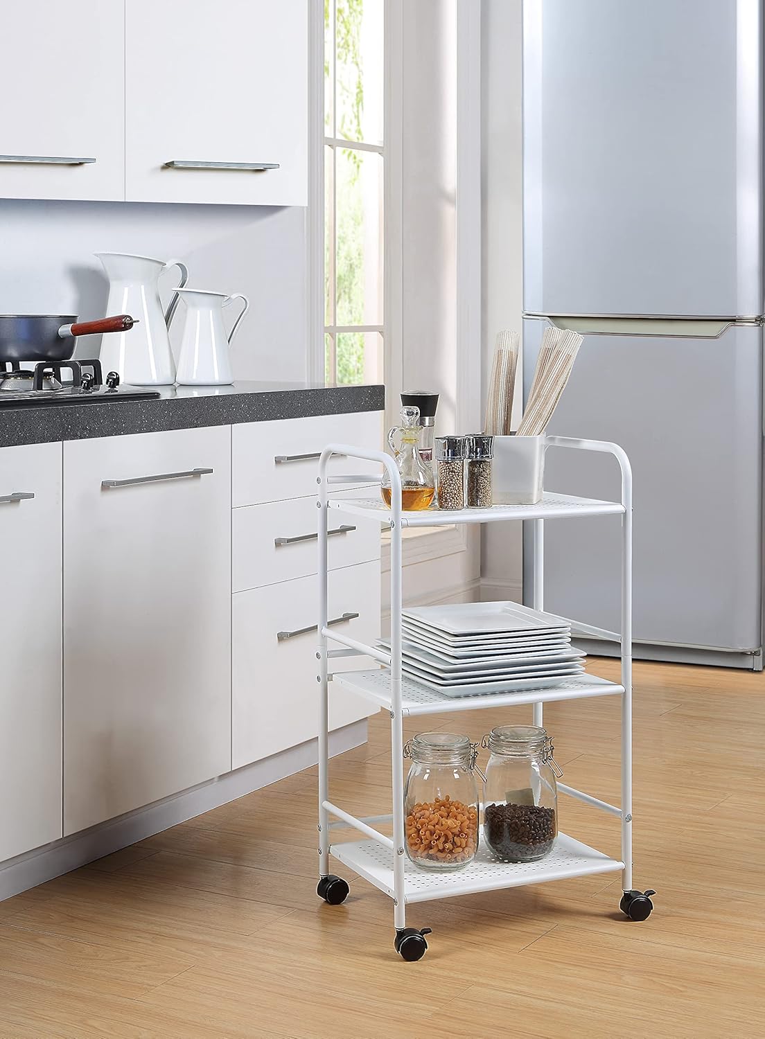 SunnyPoint 3-Tier Rolling Utility Cart - Metal Storage Organizer with Wheels | Mobile Kitchen & Office Organizer, White, 12"D x 16.92"W x 31.1"H