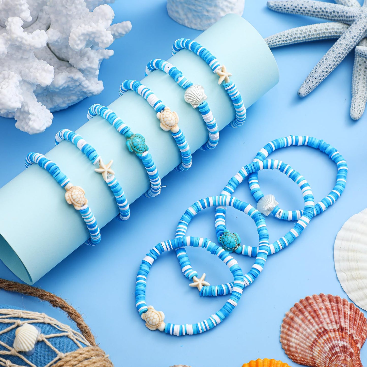 Huquary 24 Pcs Under the Sea Party Favors Ocean Polymer Clay Beaded Bracelets Bulk Shell Turtle Starfish Ankle Bracelets for Under the Sea Themed Birthday Summer Beach Party Supplies