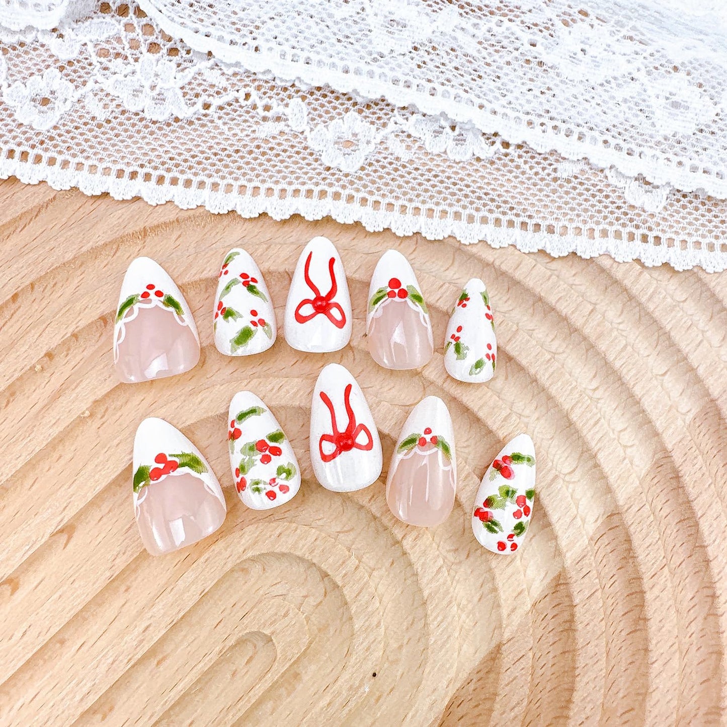 Christmas Press-On Nails - 24Pcs Short Almond Acrylic Set with Holly & Bow Designs | Winter White French Tips