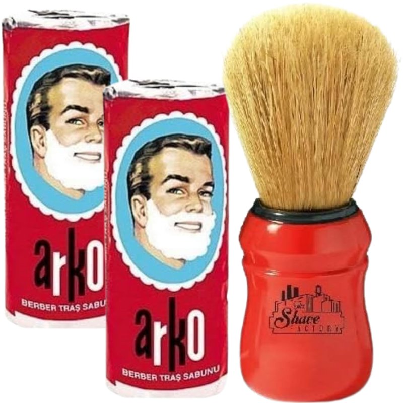 The Shave Factory 2 x Arko Shaving Cream Soap Stick and Omega Shaving Brush with Natural Boar Bristle, Red
