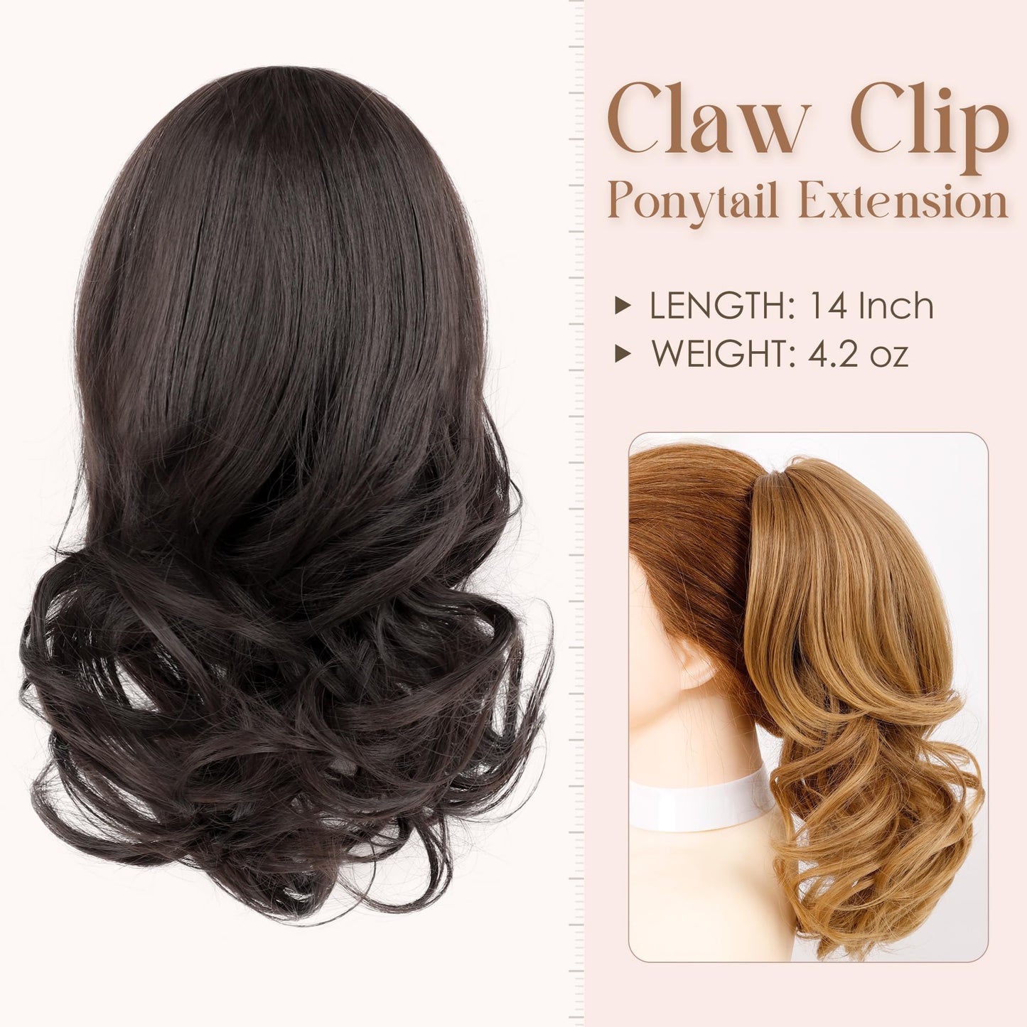 Wavy Claw Clip Ponytail Extension Clip in Ponytail Clip on Hair Extensions For Women 14 Inch Pony Tails Hair Extensions Fake Ponytail（#4 Dark Brown）