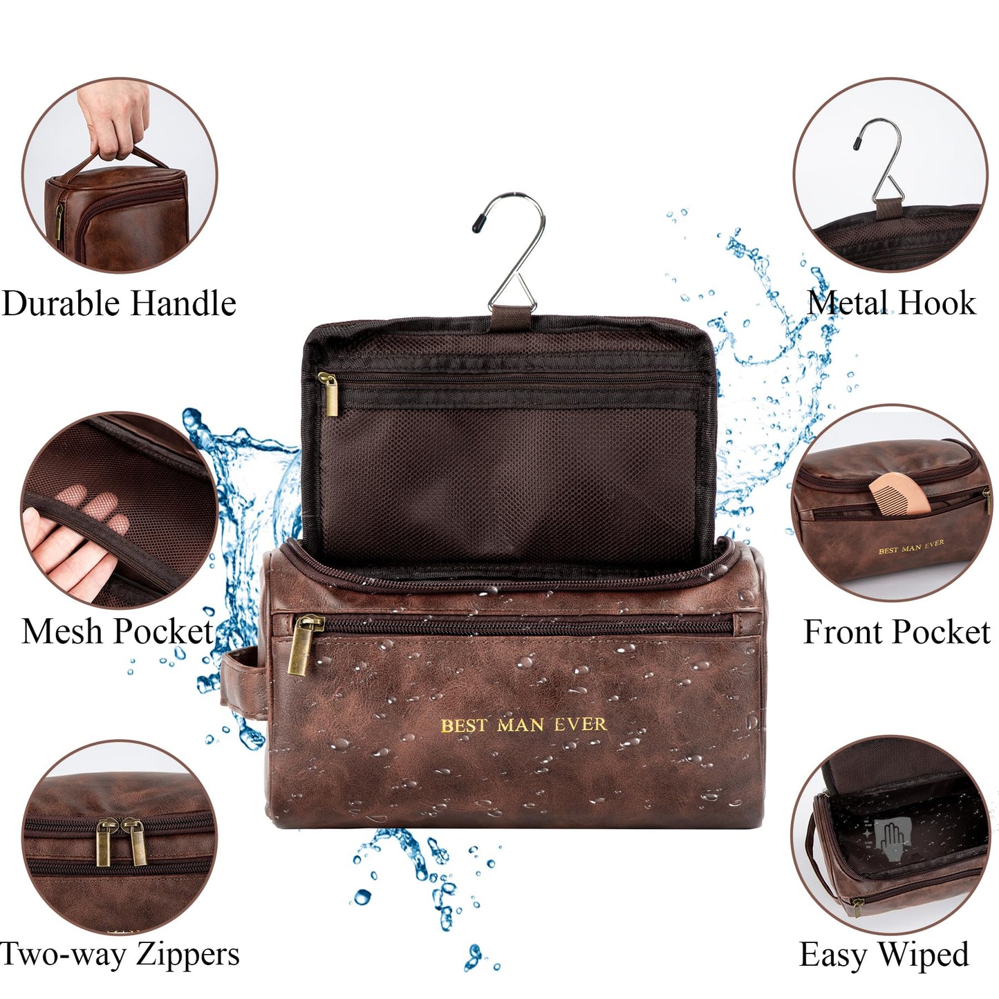 Flycalf Personalized Mens Toiletry Bag for Men BEST MAN EVER Gold Foil Stamped Leather Travel Shaving Dopp Kit Groomsmen Gifts Dad Husband Boyfriend Wedding Birthday (Brown)