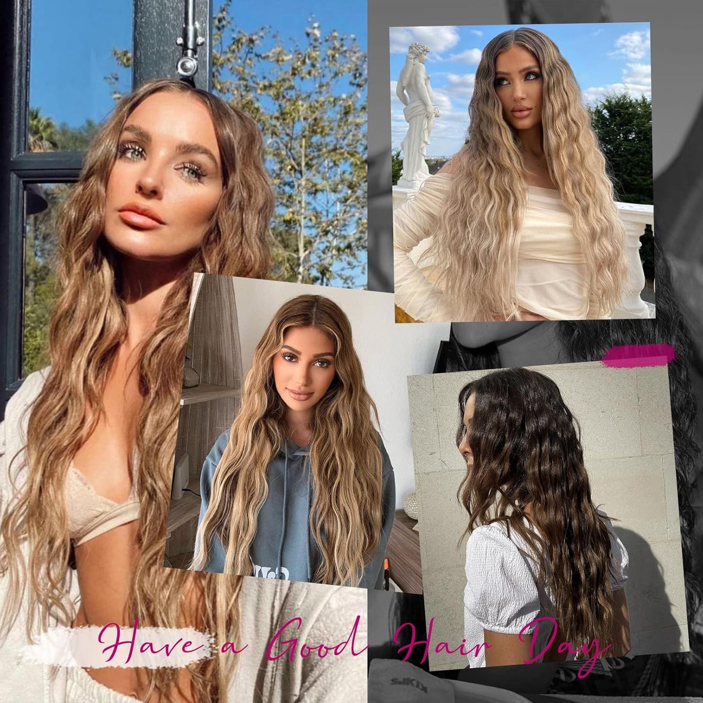 Clip In Hair Extensions - 24" Thick Long Loose Waves | Invisible Lace Weft, Natural Soft Hairpieces - Chocolate Brown with Blonde Highlights