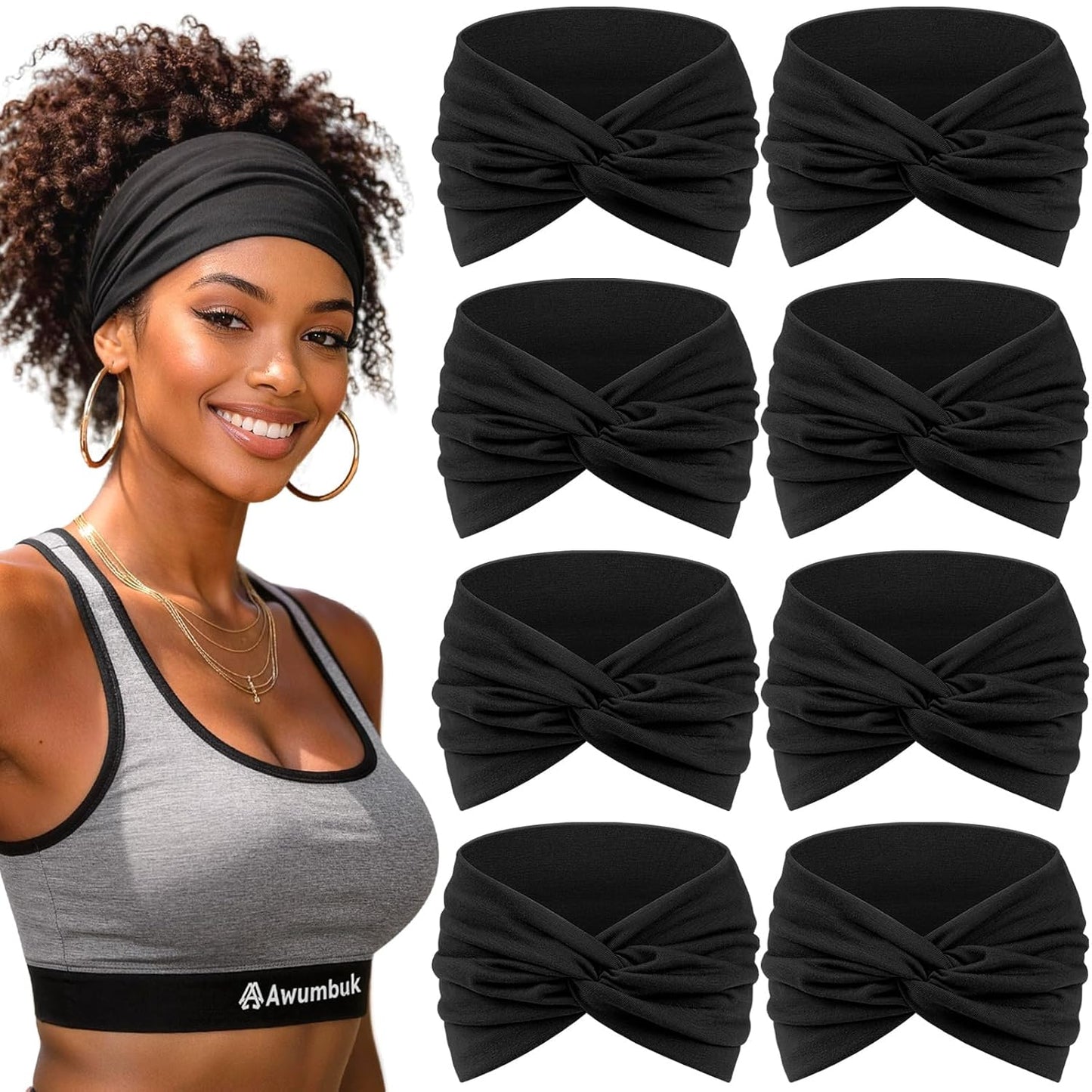Wide Headbands for Women - 7.08 Inch Thick Boho Turban Hair Wraps | Non-Slip, Moisture-Wicking, 8 Pack Multi Colors