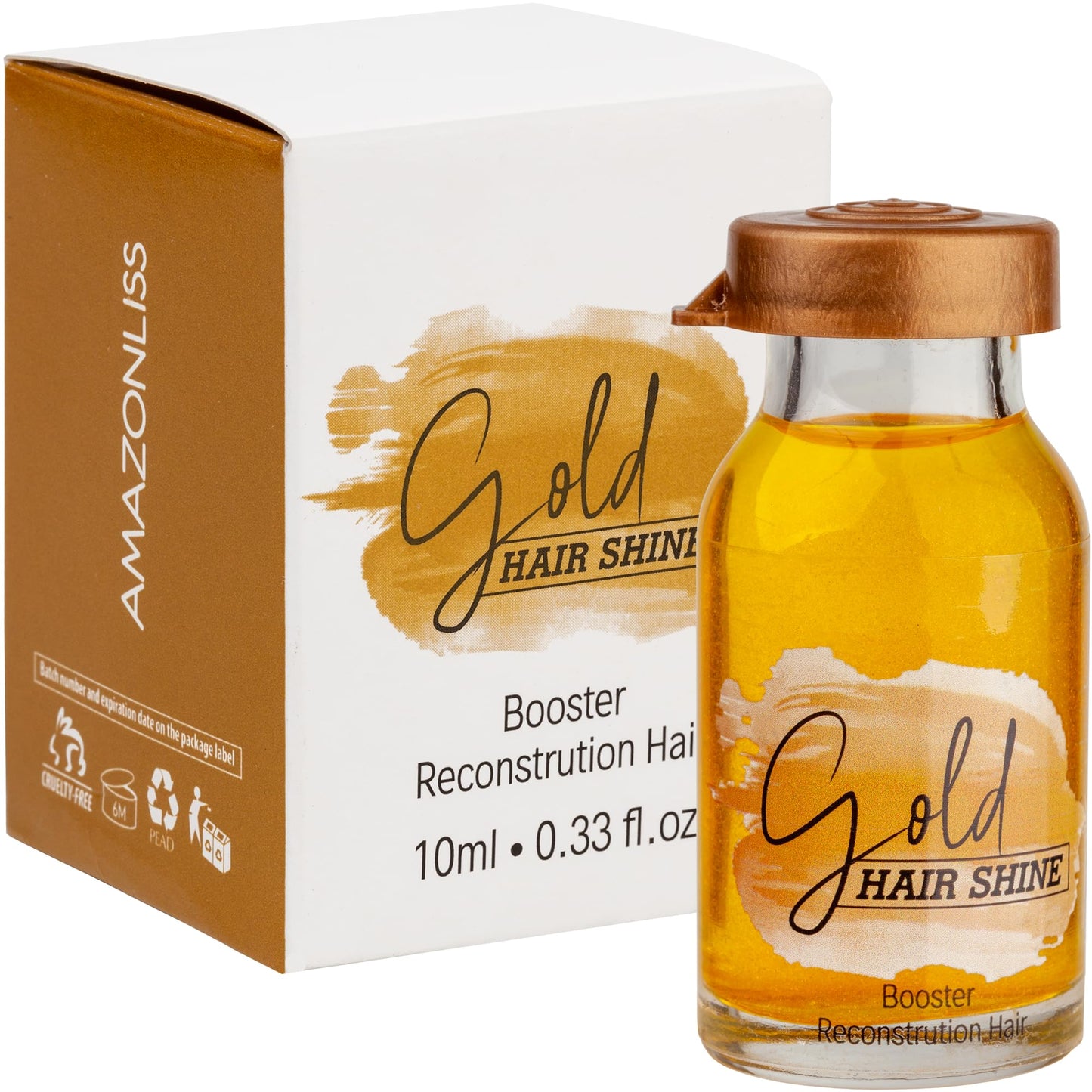 Gold Hair Shine Ampoule Booster Reconstruction Treatment with Shea Butter and Amino Acids – Deep Conditioning Serum for Smooth Soft and Shiny Hair – 0.33 fl oz