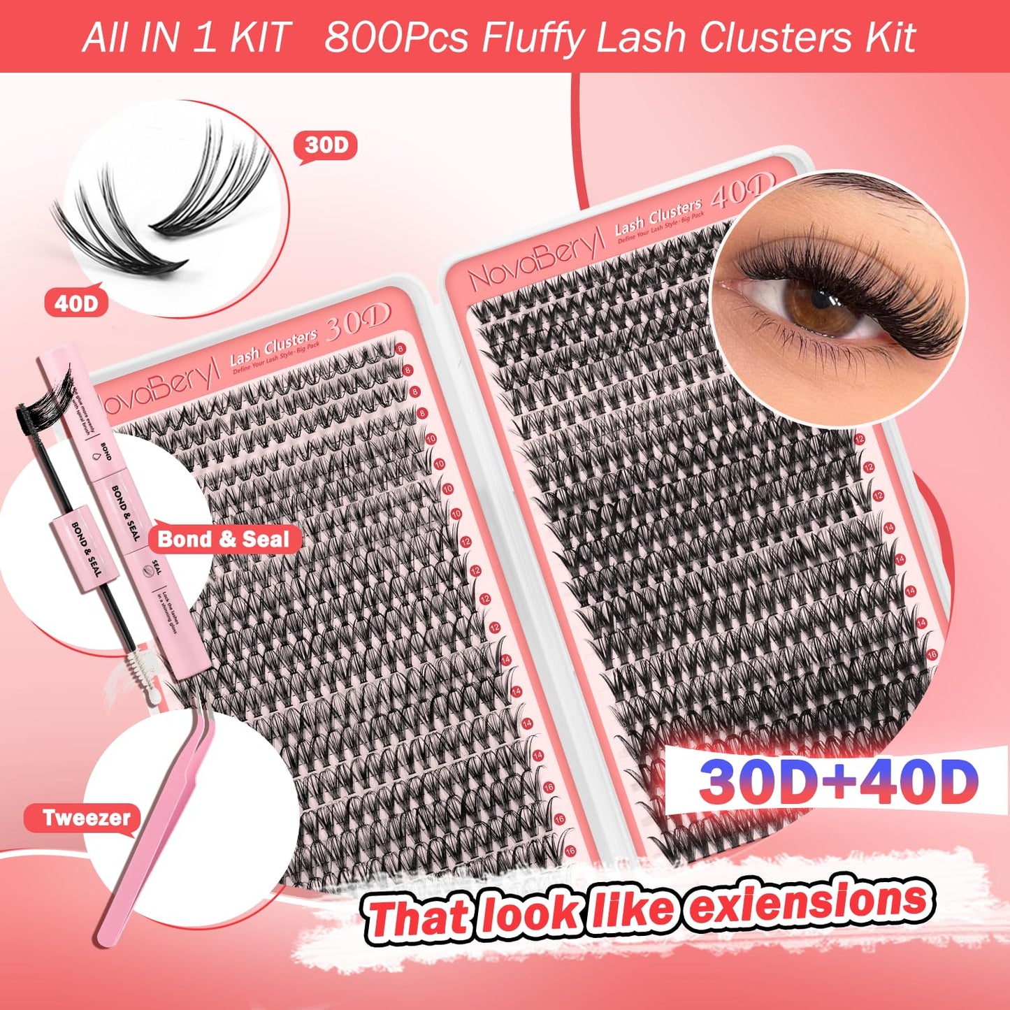 Eyelash Extension Kit - 800PCS DIY Lash Clusters with Bond & Seal | 30D/40D C Curl, 8–16mm Reusable Wispy Lashes