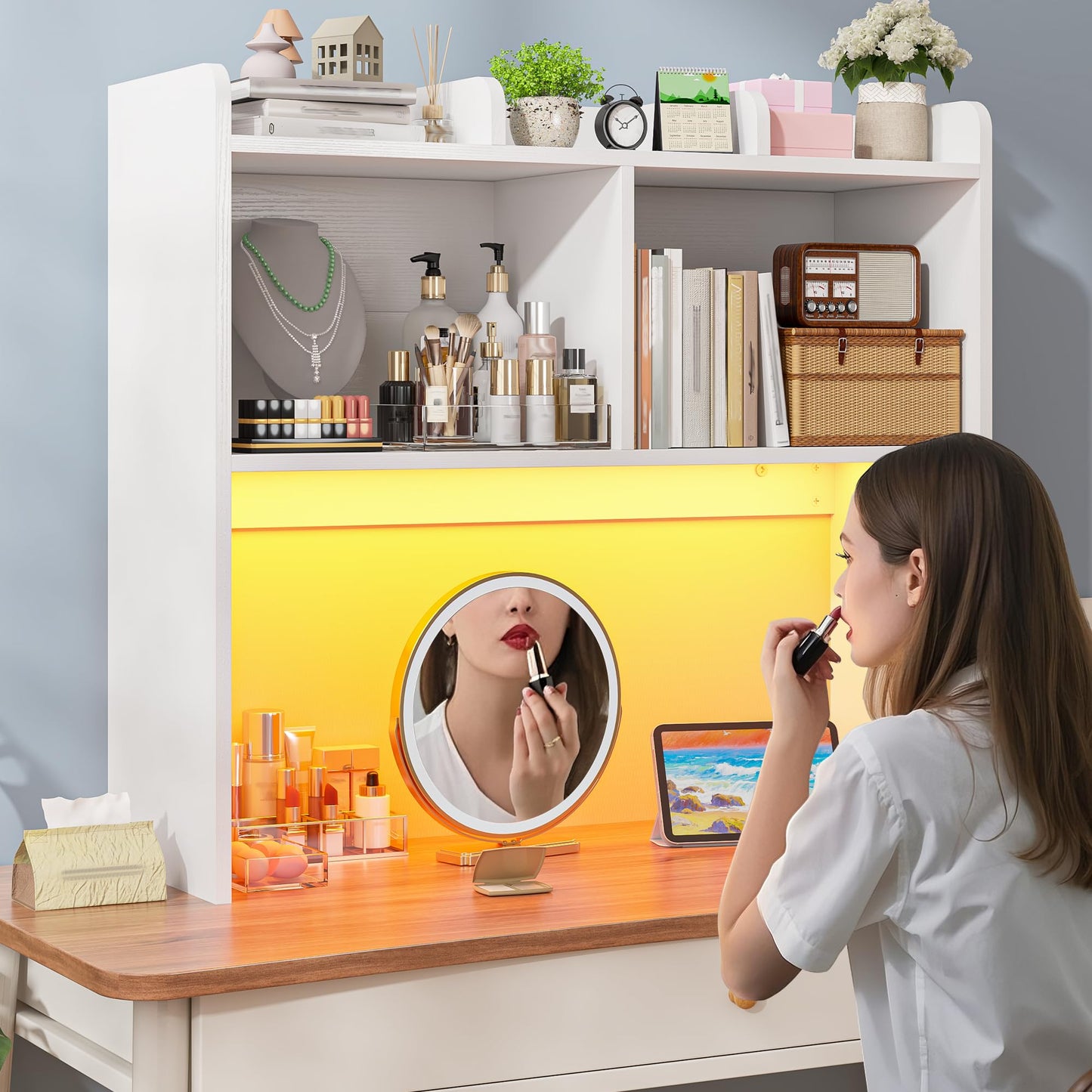 REIBII Desk Hutch Dorm for Computer Monitor Up to 27", Dorm Desk Hutch Top Only with RGB Light Strip, Wooden Desktop Bookshelf with 6 Shelves, 3-Tier Desktop Shelf for Home Office Dorm, White