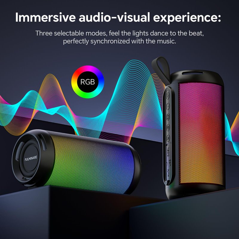 FULMINARE Bluetooth Speaker Wireless TWS Pairing 26W HD Loud Stereo Portable Bluetooth Speakers 6.0 with 16H Playtime, RGB LED Light, IPX5 Waterproof for Home Outdoor Party Gift Black