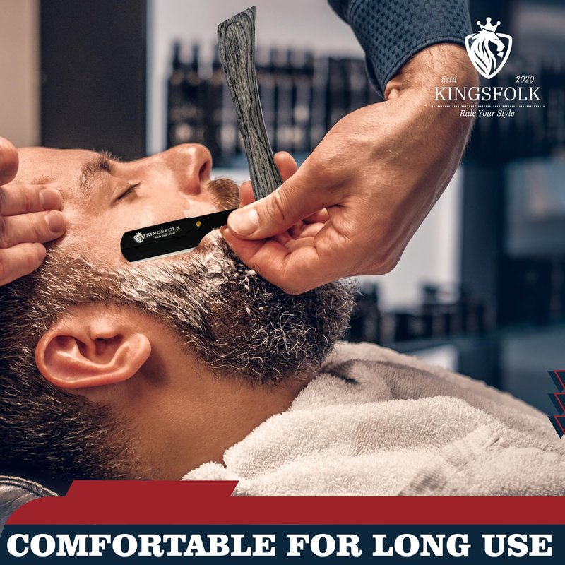 Kingsfolk Professional Straight Razor Kit for Men – Wooden Handle Razor with 100 Platinum Blades, Leather Case, Nitrile Gloves & Cleaning Cloth – Barber Grade Wet Shave Set