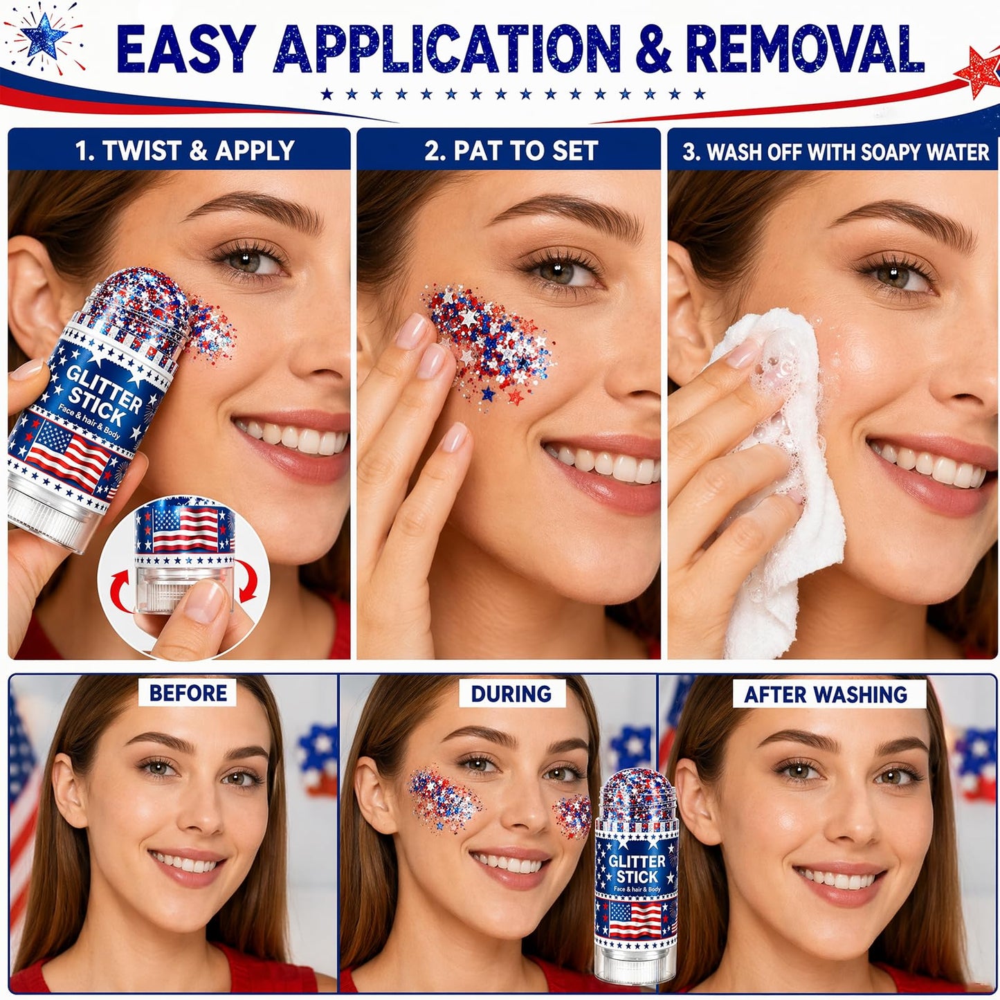 4th of July Glitter Stick for Hair, Face & Body, Red White Blue Glitter with Star Sequins, Patriotic Makeup for Women, America 250 Celebration Accessories, Independence Day Party Supplies