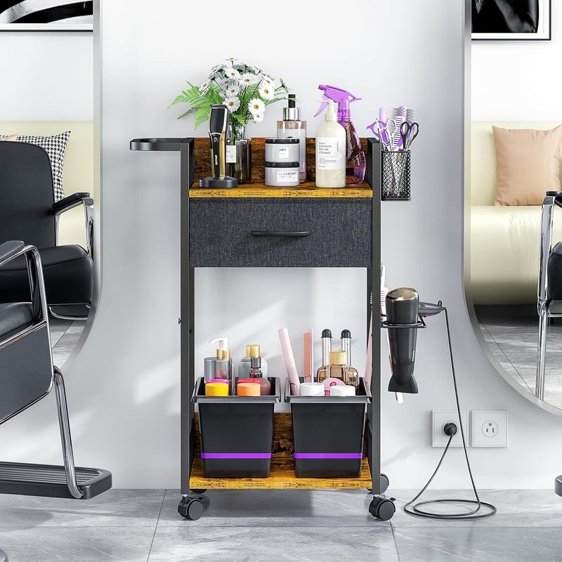 Mobile Hair Stylist Station - Salon Trolley Cart with Wheels, Metal Tool Holder & Fabric Drawer | Black