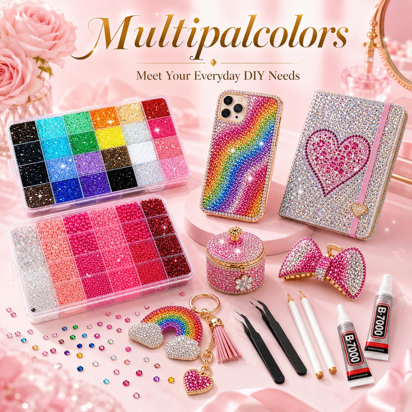 40000 Pcs of Jelly Rhinestones for Bedazzling Kit,3/4/5/6MM Multicolor Resin Flatback Gems for Diamond Art,Bedazzler Kit with B7000 Glue for Crafting with the Bedazzler,Nail Art,Shoes, Books