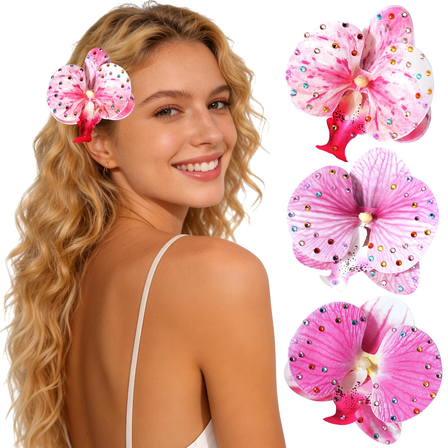 Mesovor 3 Pack Hawaiian Flower Hair Clips, Artificial Tropical Flower Orchid Hair Pin | Rhinestone Hairpins Hair Accessories for Wedding Bridal Beach Party (Pink Moth Orchid)