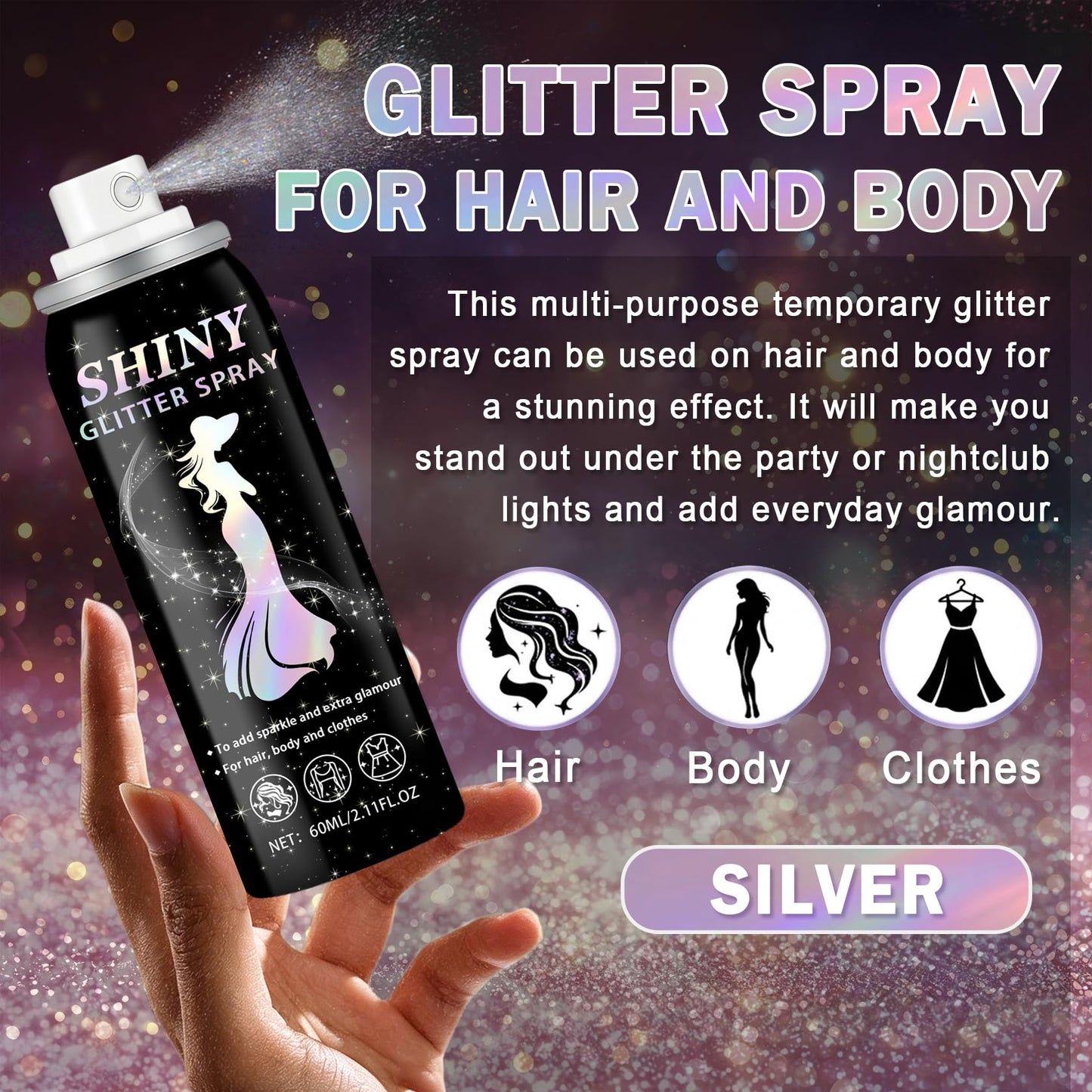 ZHISHUDL Body Hair Glitter Spray 60ML Glitter Hairspray Holographic Shimmer Glitter for Hair Body and Clothes,Long-Lasting Quick-Drying Sparkle Powder Spray for Christmas Halloween Rave - Silver