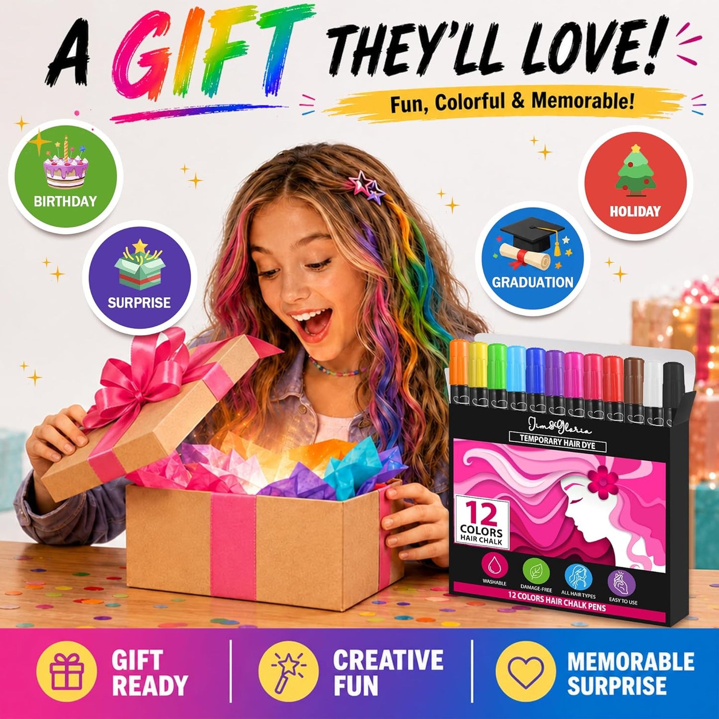 Dustless Hair Chalk for Girls - Washable Temporary Hair Color | Fun Makeup Kit for Teens & Adults