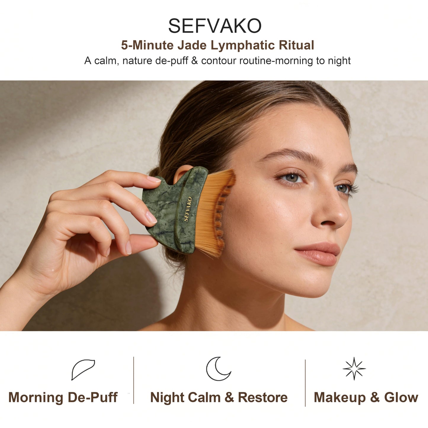 SEFVAKO Lymphatic Contour Face Brush, Dual-Ended Dry Brush + Cool-Touch Jade Gua Sha Edge, 0.075mm Ultra-Soft Bristles Gua Sha Facial Tools, for Lymphatic Drainage, Less Puffy Look, Sculpt & Relax