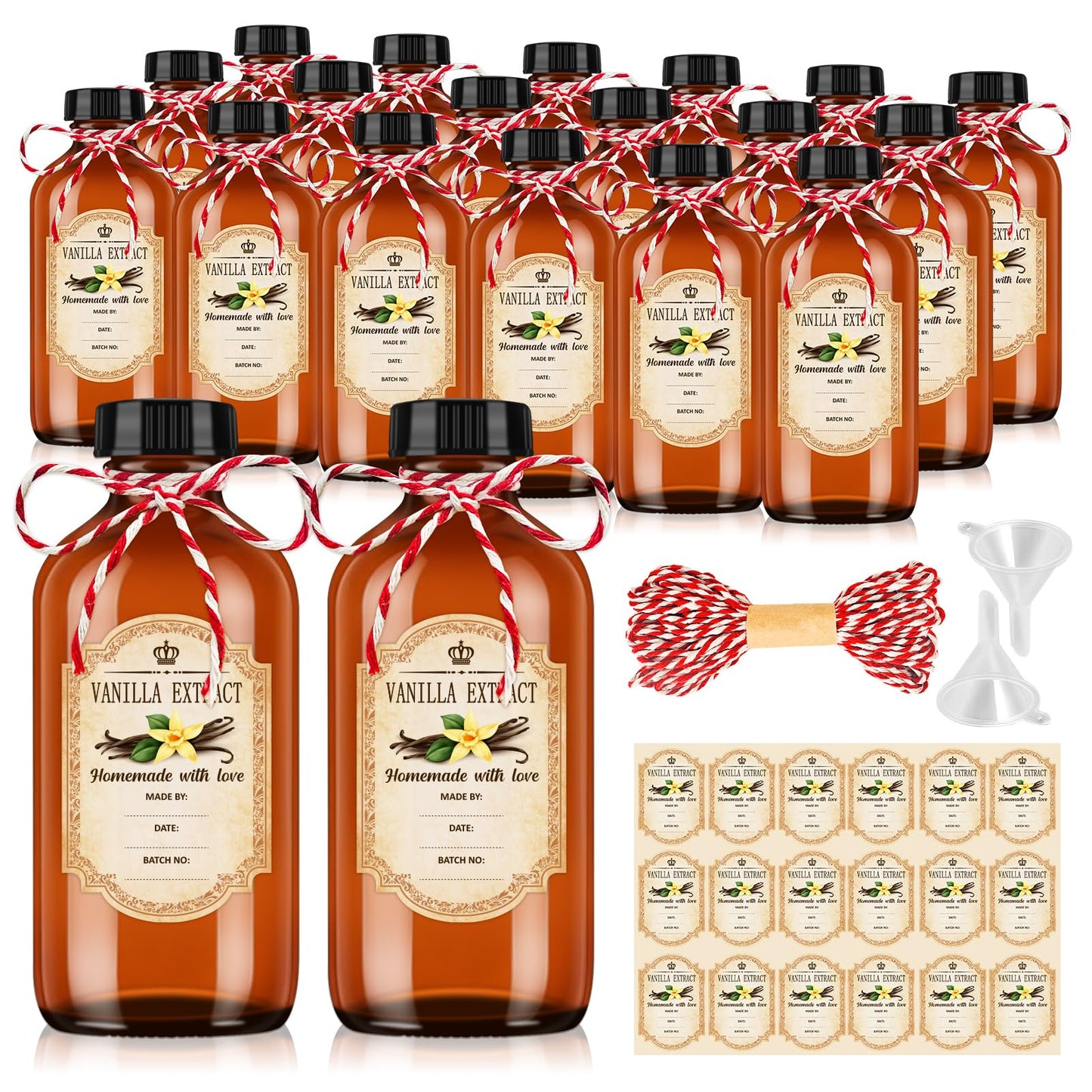 KEYWING 18 Pack 8oz Amber Glass Boston Round Bottles with Airtight Poly Cone Caps, Perfect Dispensing Bottles for Homemade Vanilla Extract, Syrups, Essential Oils, Holiday & Christmas Gift
