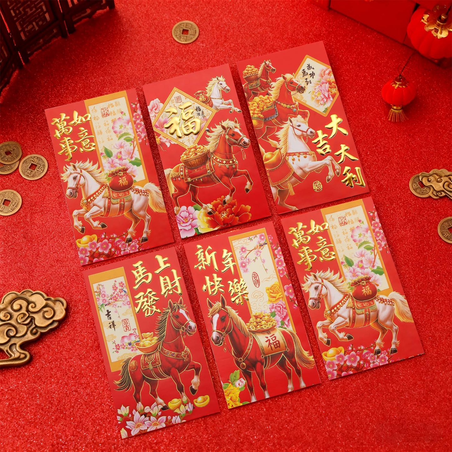 BRIOYHA 36 Pack Chinese New Year Red Envelopes, Year of the Horse Design Lucky Money Packets, 3.5x6.5 Inch Red Pockets for Lunar New Year Spring Festival Gifts