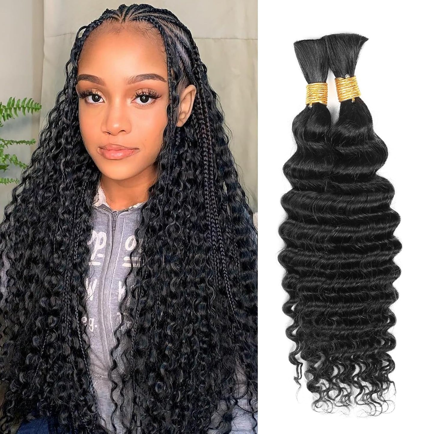 Human Braiding Hair - 14 Inch Ombre Highlight Deep Wave Bulk Extensions | Curly Bundles for Knotless Braids (4/27)