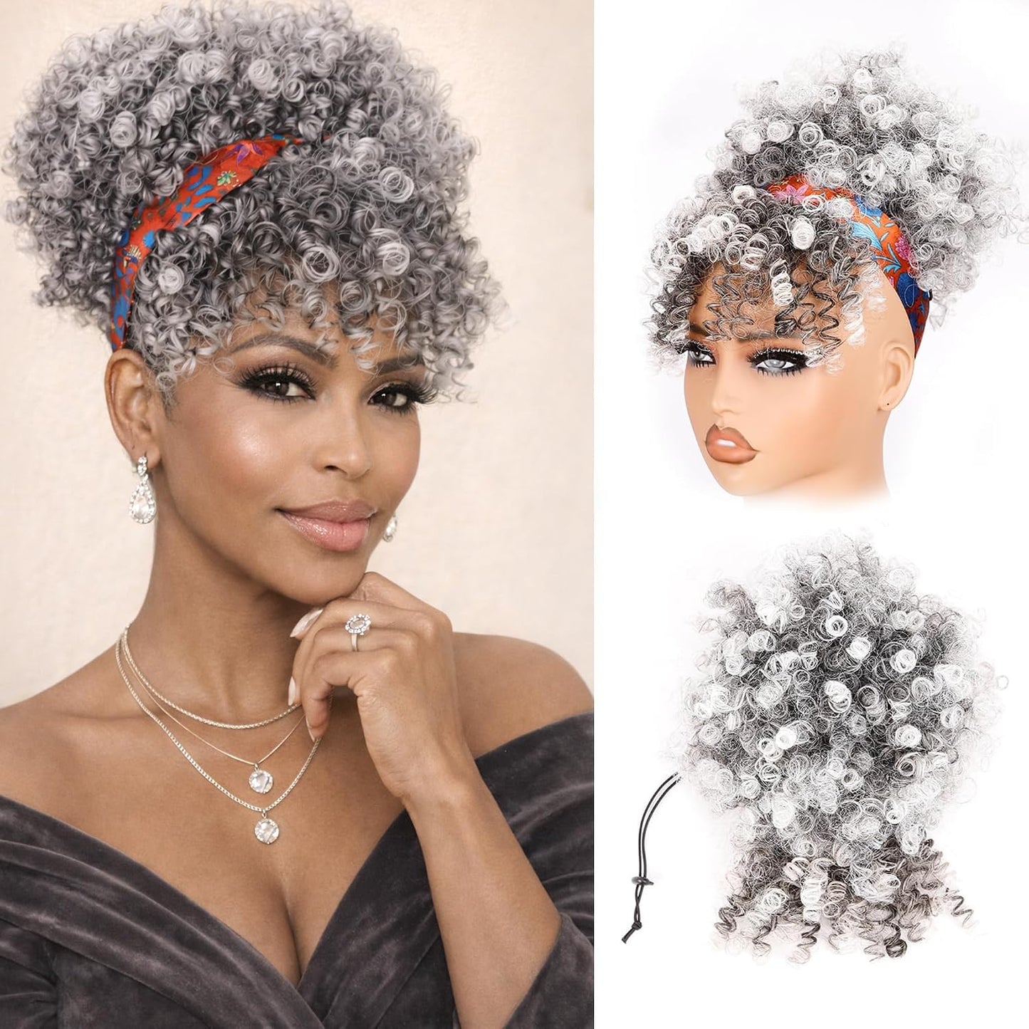 Drawstring Ponytail for Black Women - Afro Puff Kinky Curly Hair Extension with Bangs | Grey Updo