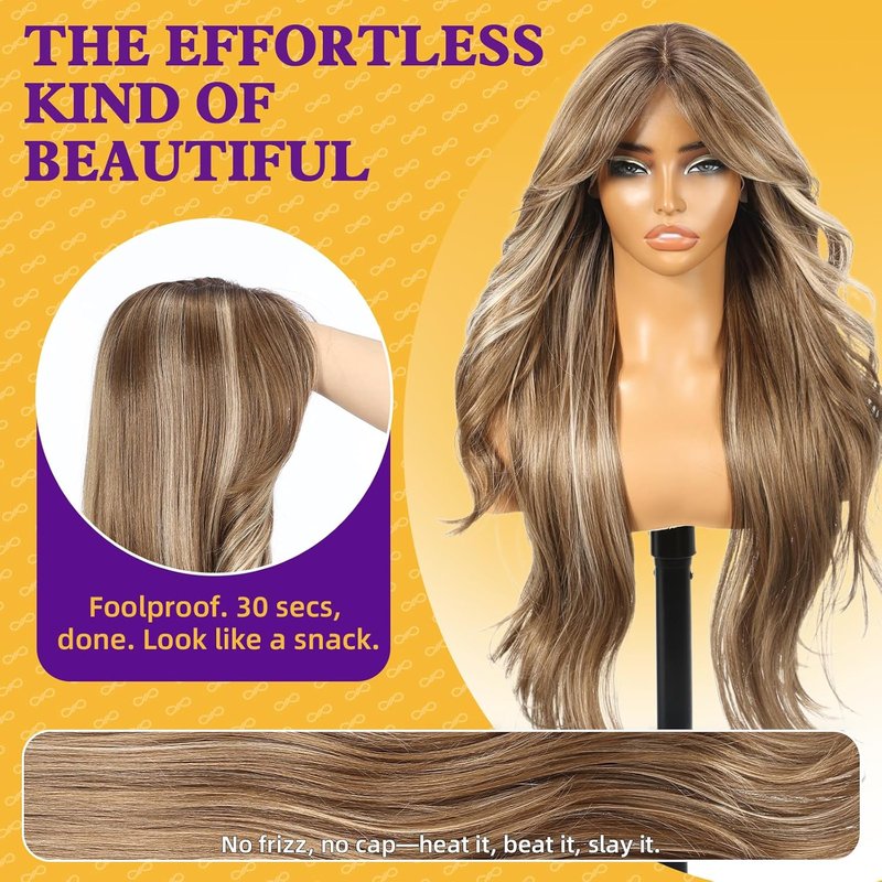 Ash Brown Highlight Synthetic Lace Front Wig - T Part Glueless Layered Wavy Style with Bangs | 26 Inch Heat Resistant for Daily & Party Use