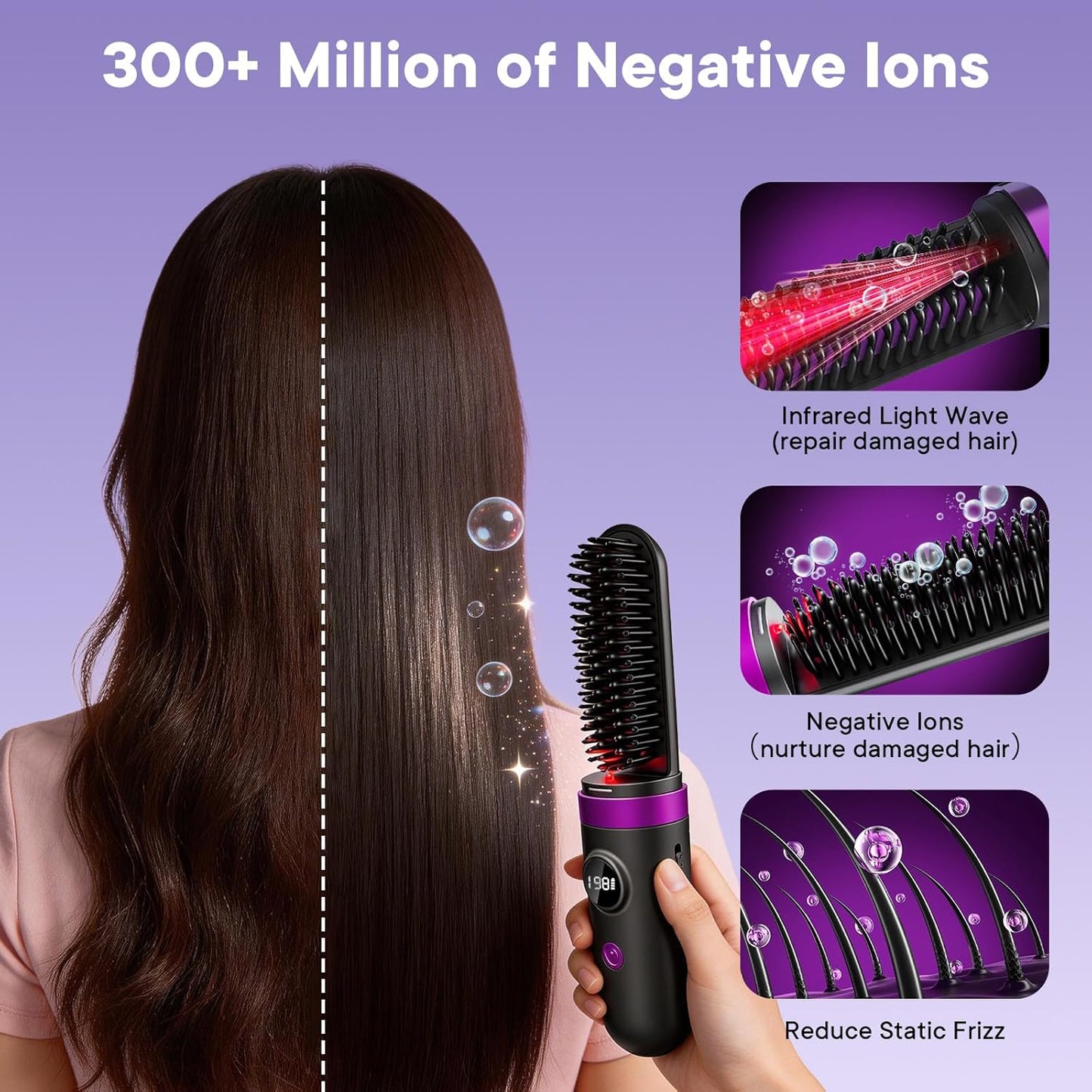 Go Brush Pro Cordless Hair Straightener Brush - Portable Ionic Hot Comb with Infrared Light | 3 Temperature Settings for Travel Use