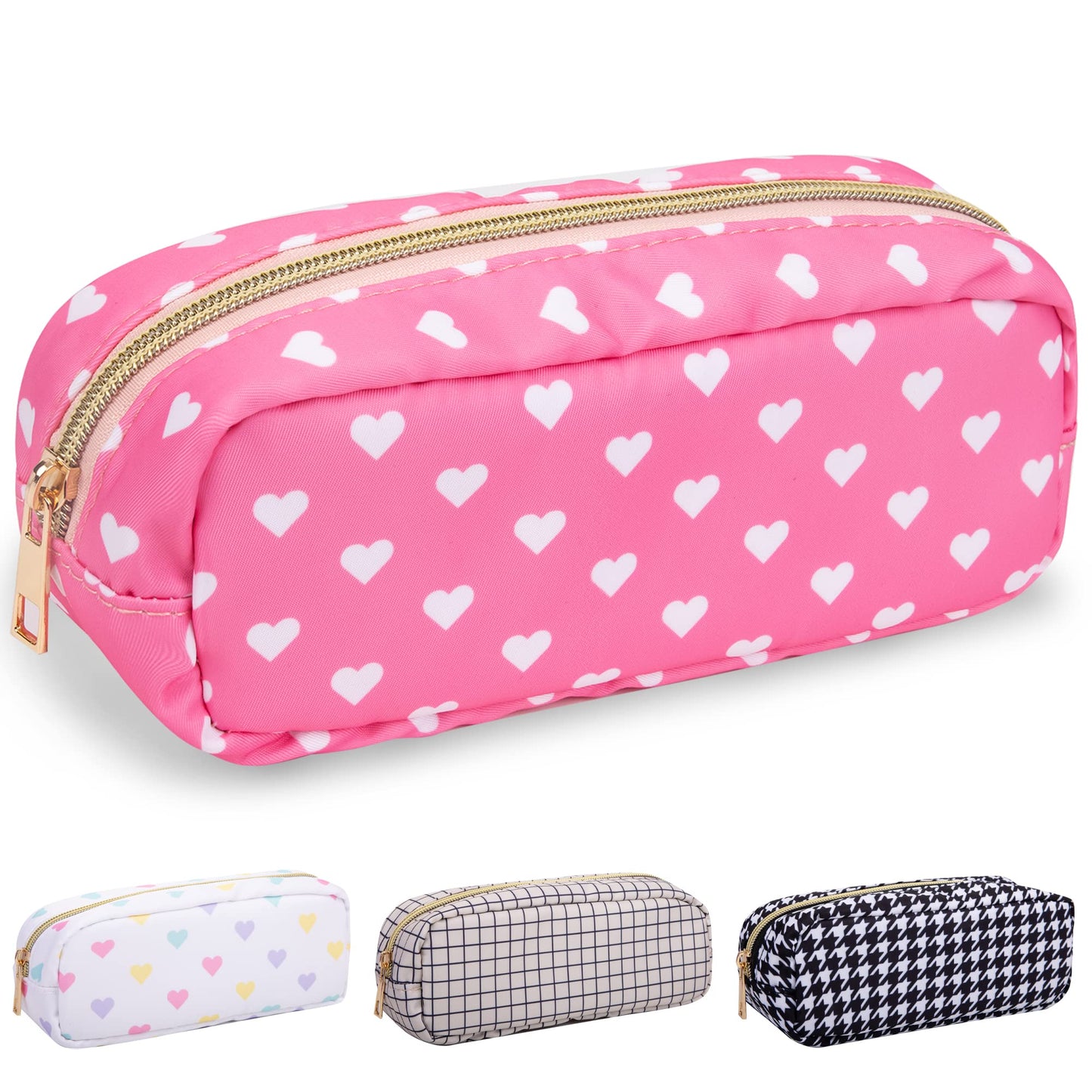 Nylon Slim Makeup Bag, Pink Heart Makeup Brush Case, Preppy Cosmetic Zipper Pouch for Purse, Travel Toiletry Bag Clutch Coin Pouch Makeup Organizer for Women Girls