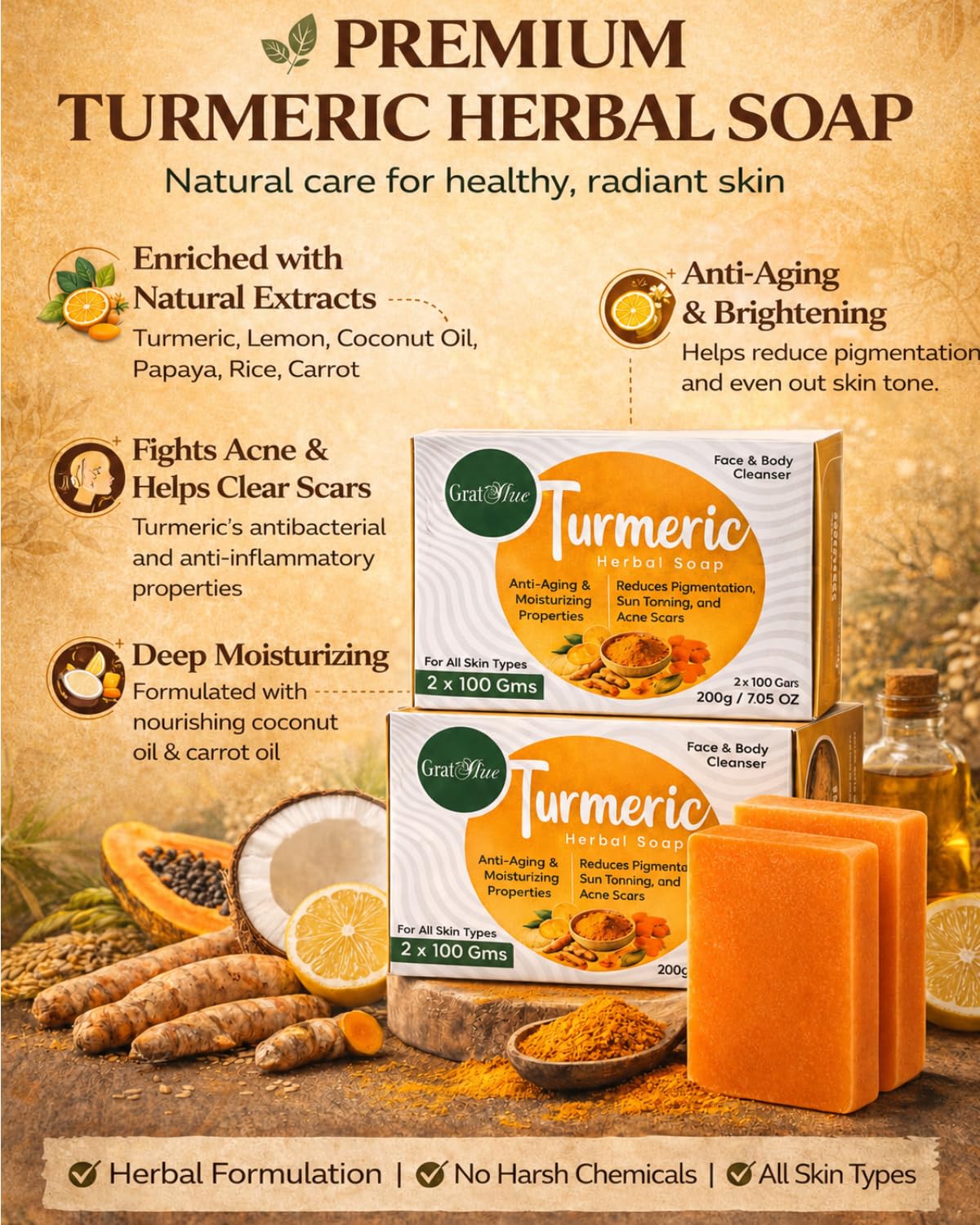 GratiHive Turmeric Soap for Dark Spots with Lemon, Papaya & Rice Extracts - Turmeric Soap Bar for Advanced Daily Cleansing - Helps reduce tan, pigmentation & blemishes - (100g x 2-Pack)