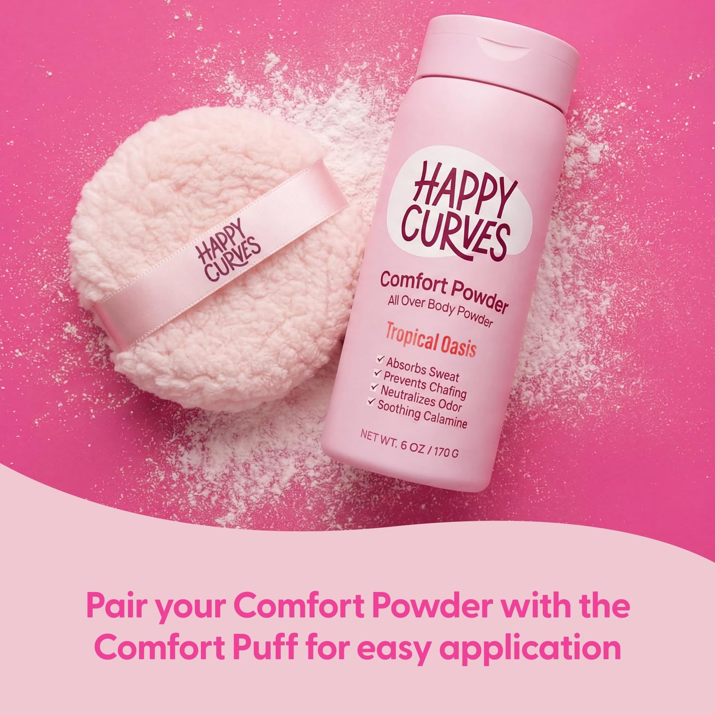 HAPPY CURVES Comfort Powder: Talc Free Anti Chafe Body & Foot Dusting Powder Deodorant to Control Inner Thigh Chafing, Private Areas, and All Over Body for Women (4 Ounce (Pack of 2), Tropical Oasis)