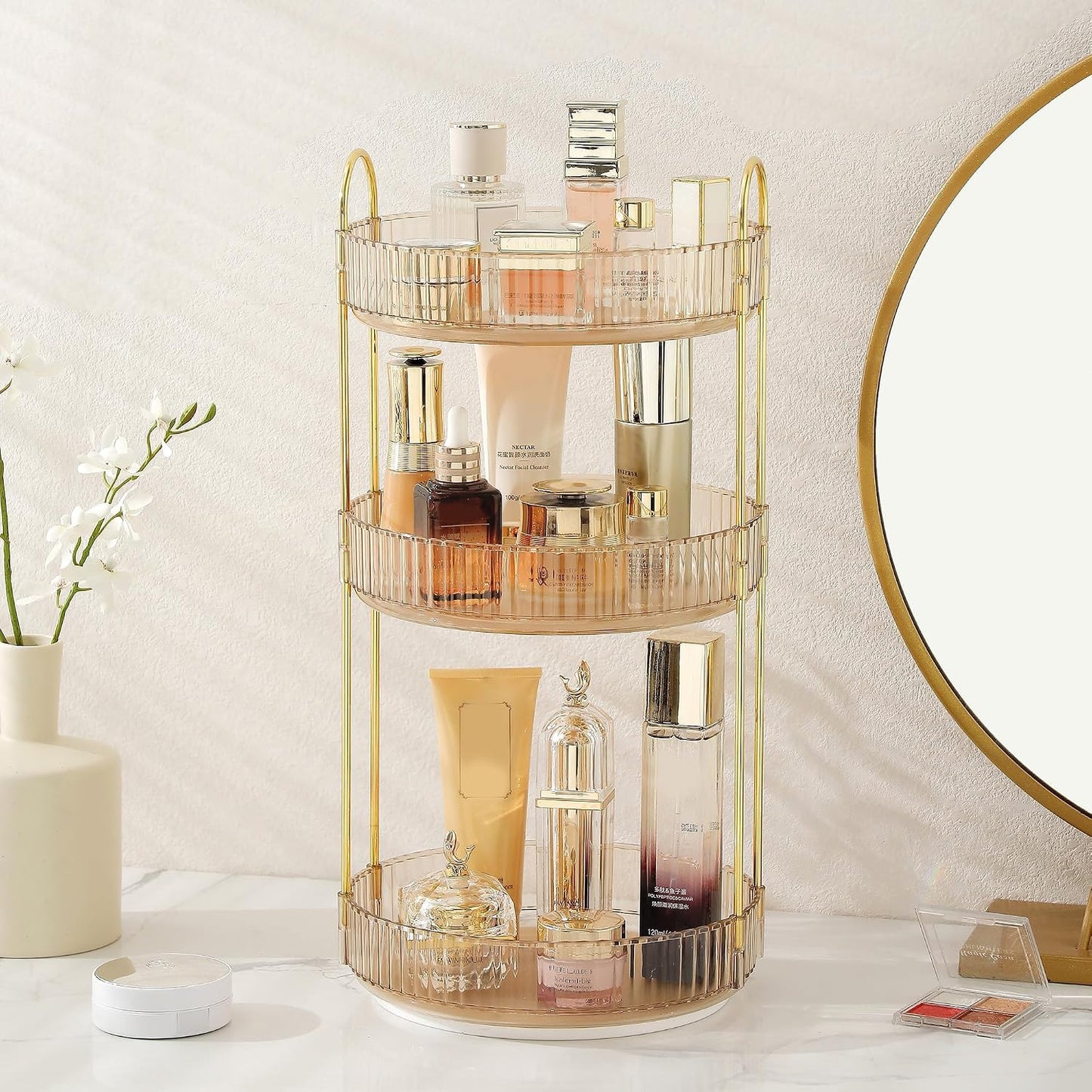Rotating Makeup Organizer - 3 Tier Clear Cosmetic Holder for Vanity | Grey Perfume & Skincare Storage