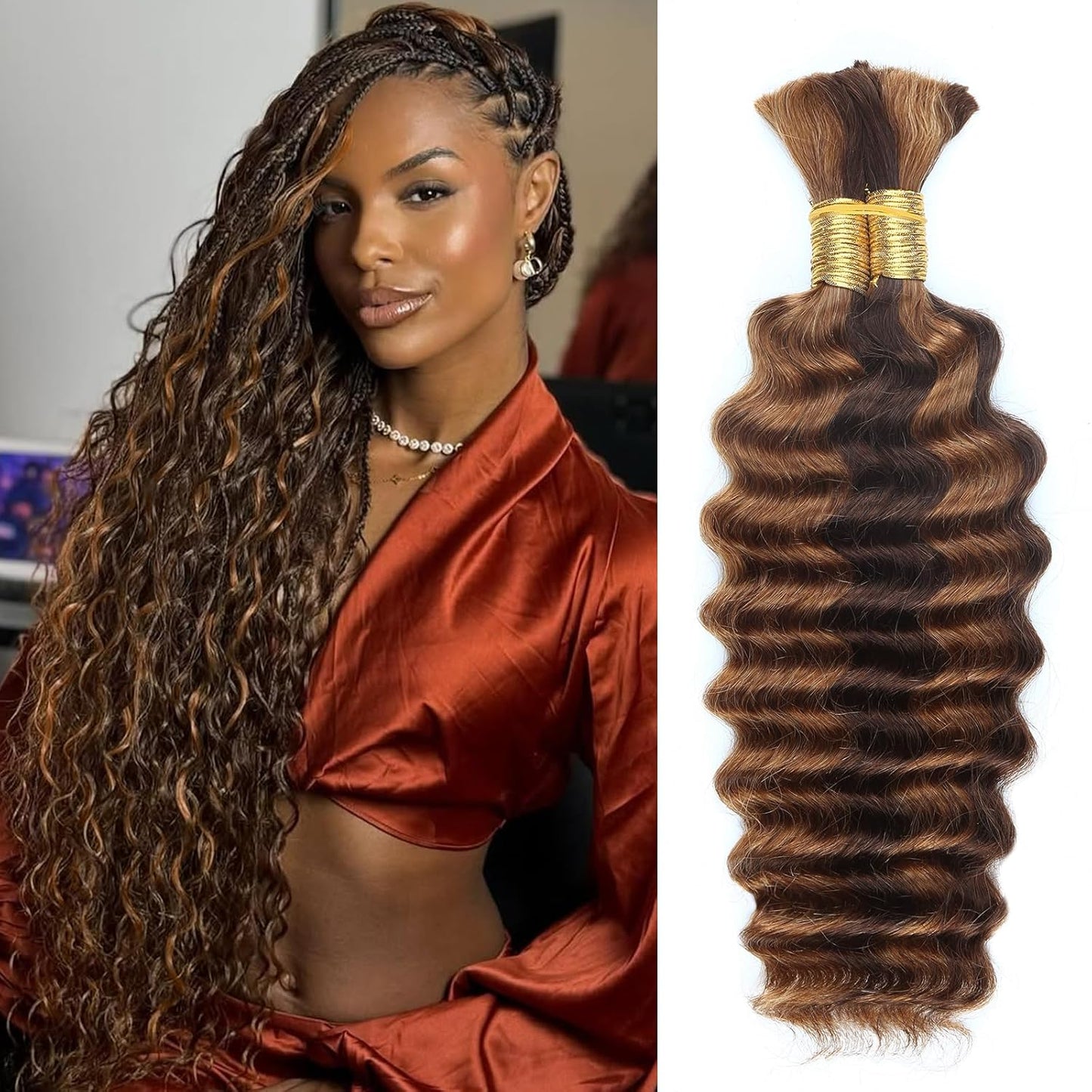 Human Braiding Hair - 14 Inch Ombre Highlight Deep Wave Bulk Extensions | Curly Bundles for Knotless Braids (4/27)