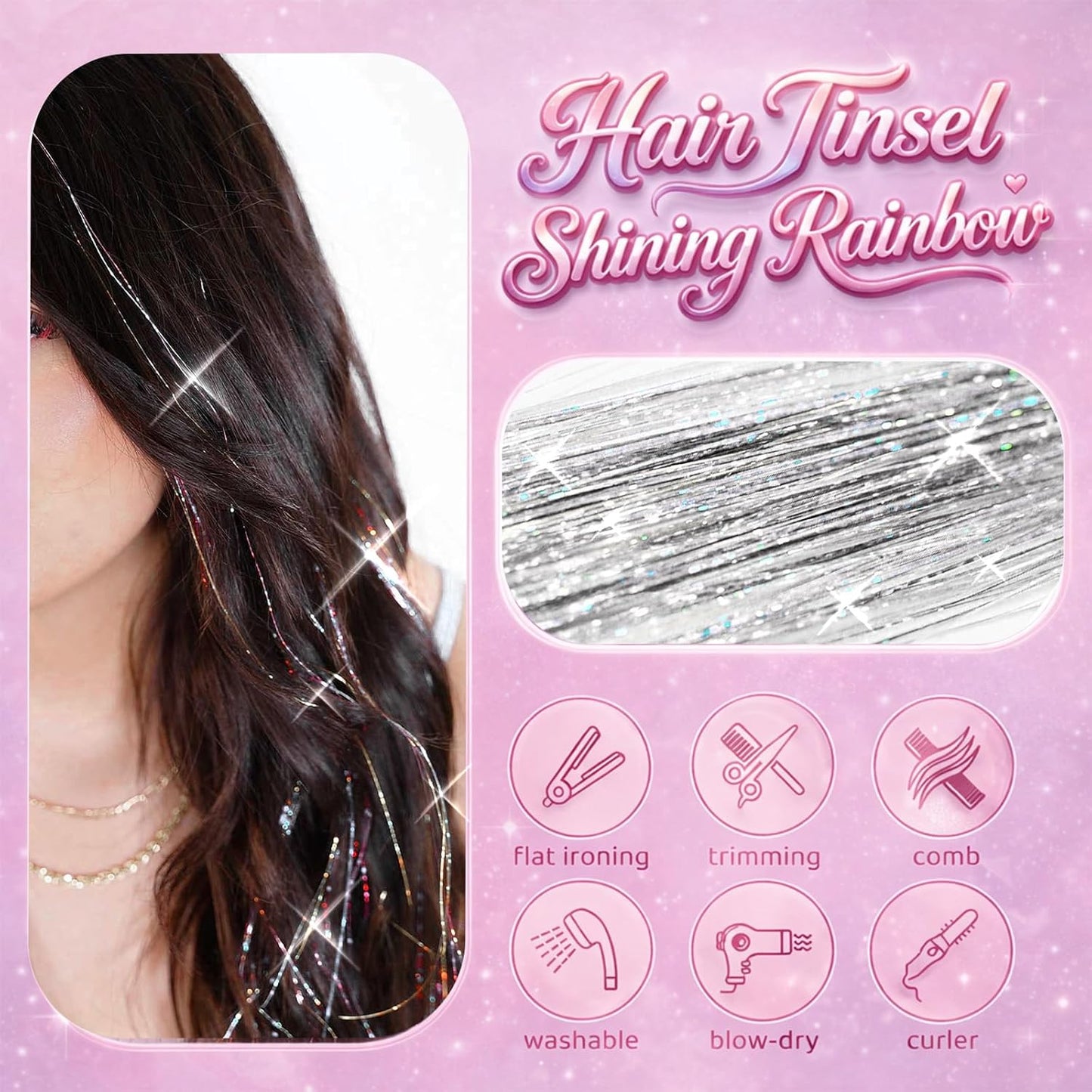 Silver Hair Tinsel Kit - 8 Pcs 48-Inch Glitter Hair Extensions for Girls & Women | Perfect for Parties & Festivals