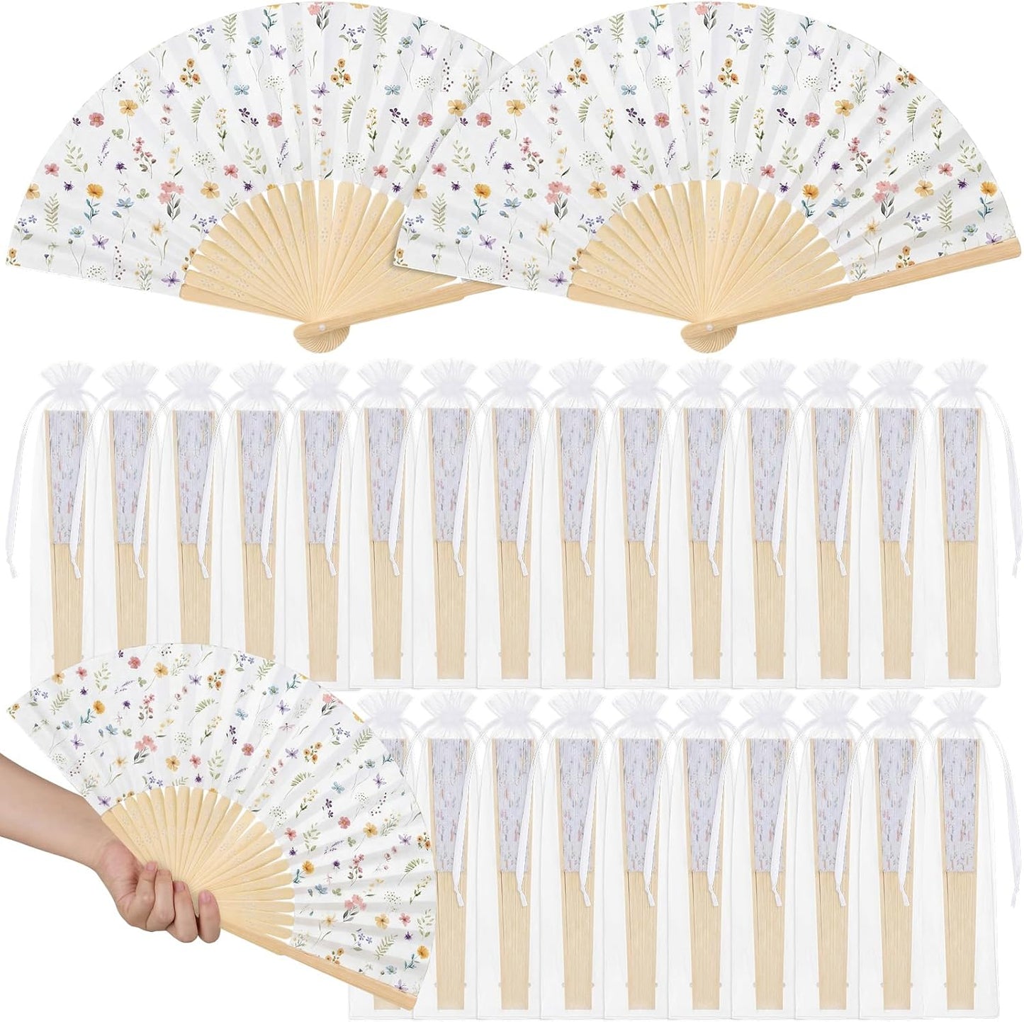 Wildflower Folding Hand Fan Set - 25 Vintage Paper Fans with Organza Bags | Perfect for Weddings & Tea Parties