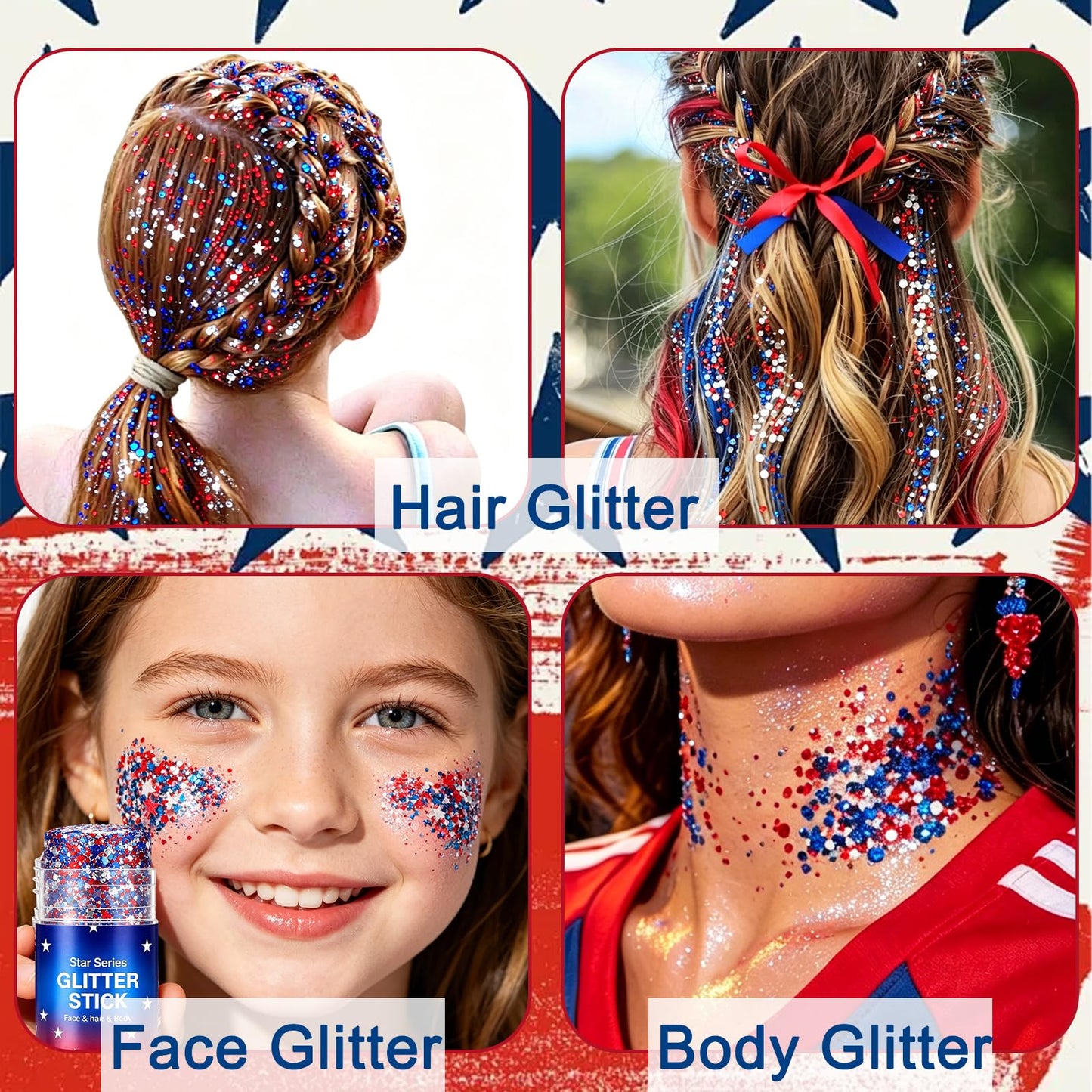 Patriotic 4th of July Body Glitter Stick, Hair Glitter for Kids, Red White and Blue Star Face Glitter Stick, USA Flag Makeup for 250th Independence Day Accessories, 4th of July Outfits for Women