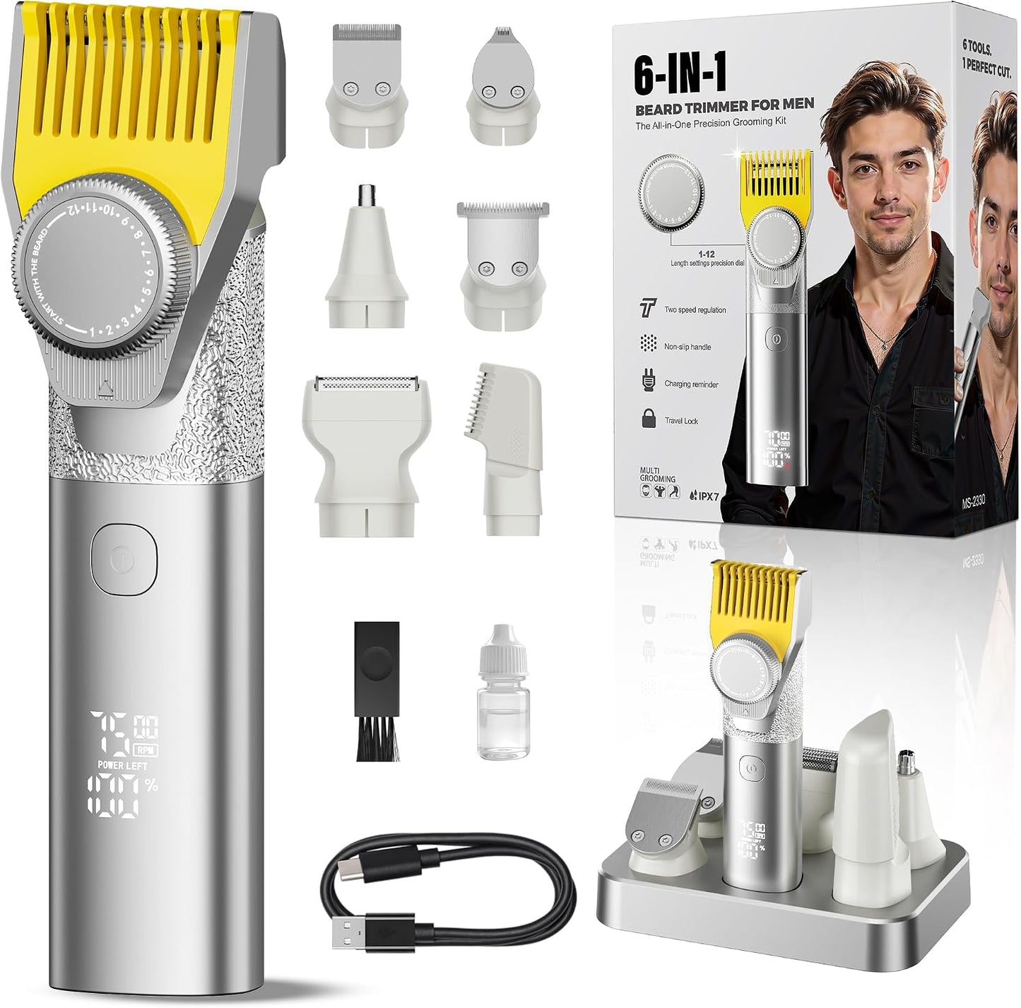 Beard Trimmer for Men - Professional Cordless Grooming Kit with Magnetic Head & Precision Dial | IPX7 Waterproof, 2-Speed, 1200mAh Battery