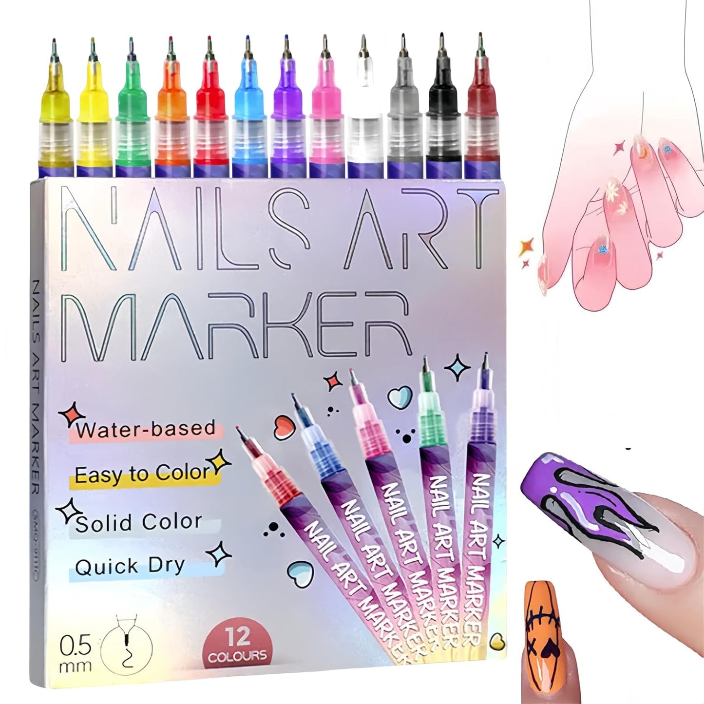 Nail Art Pens Set - 12 Colors Quick Dry Dotting & Liner Pens for DIY Nail Art | 3D Painting Tools