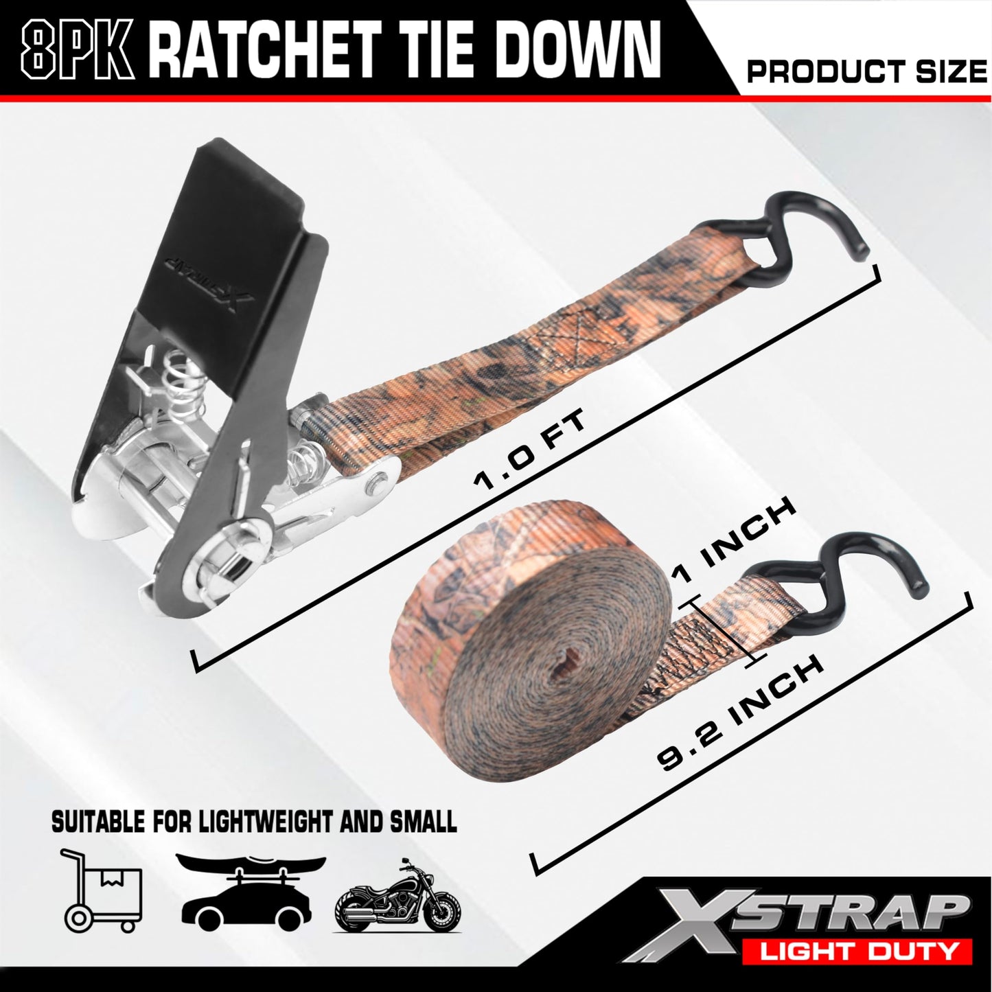 XSTRAP STANDARD Ratchet Tie Down Straps - 8PK - 1'' x 10 ft - 900 LB Break Strength Cargo Straps for Moving Appliances, Lawn Equipment, Motorcycle (Camouflage2)