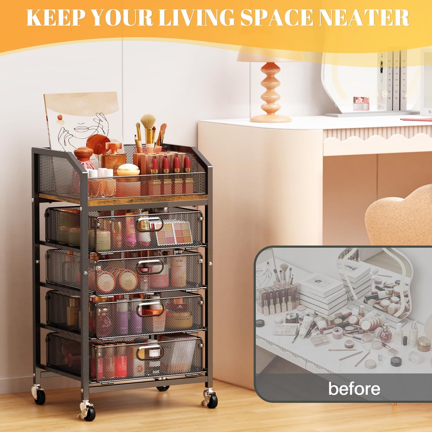 SUNALLY Makeup Organizer Cart with 4 Drawers, Rolling Makeup Storage Cart Metal Skincare Organizers, Large Vanity Storage Organizer Cosmetics Display Cases for Skin Care Perfume Nail Polish, Black