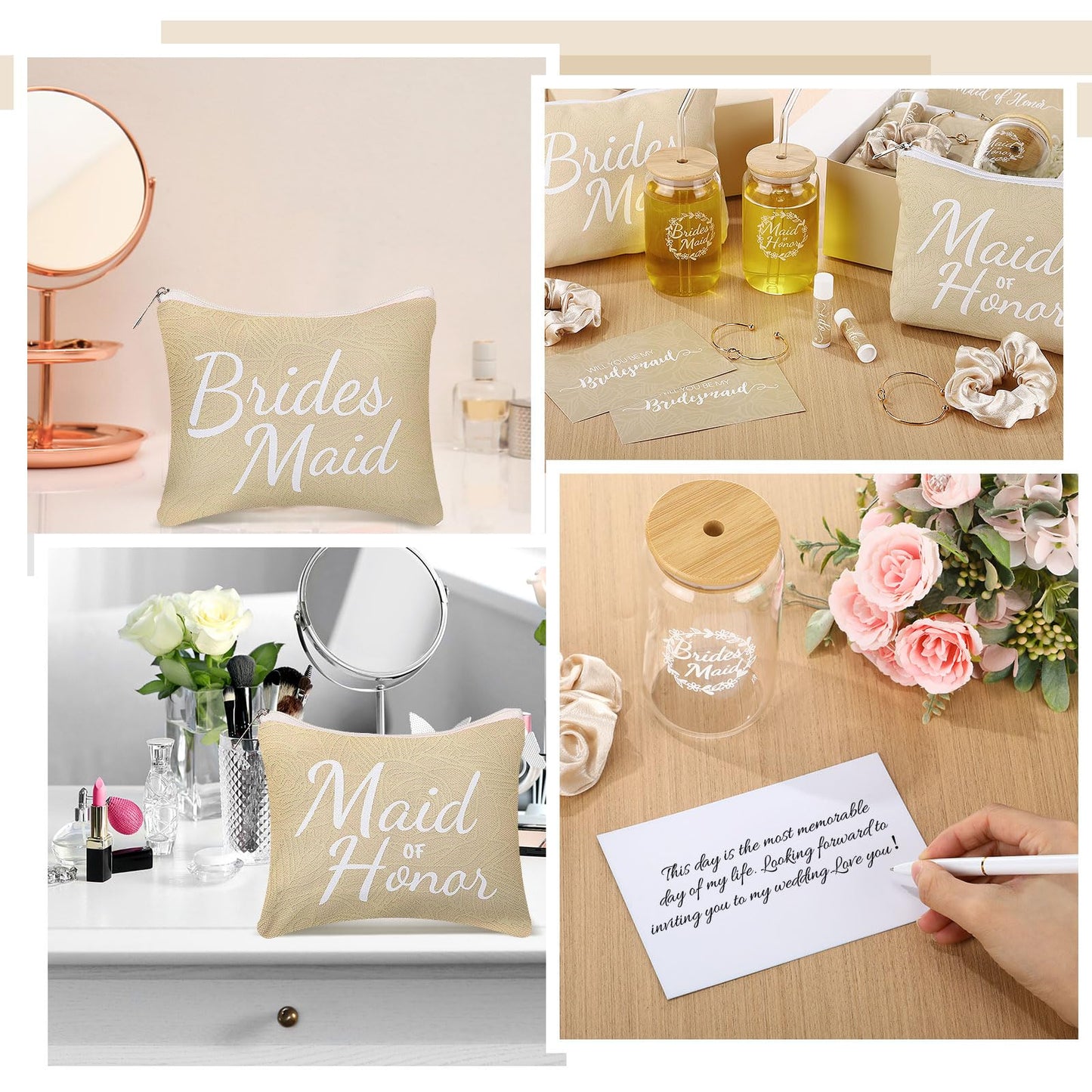 FillTouch 72 Pcs Bridesmaid Proposal Gifts, Will You Be My Bridesmaid, Maid and Matron of Honor Gift with Gift Box Glass Cup Makeup Bag Cards Lip Balm Hair Scrunchie Bracelet Wedding Day(Beige Color)