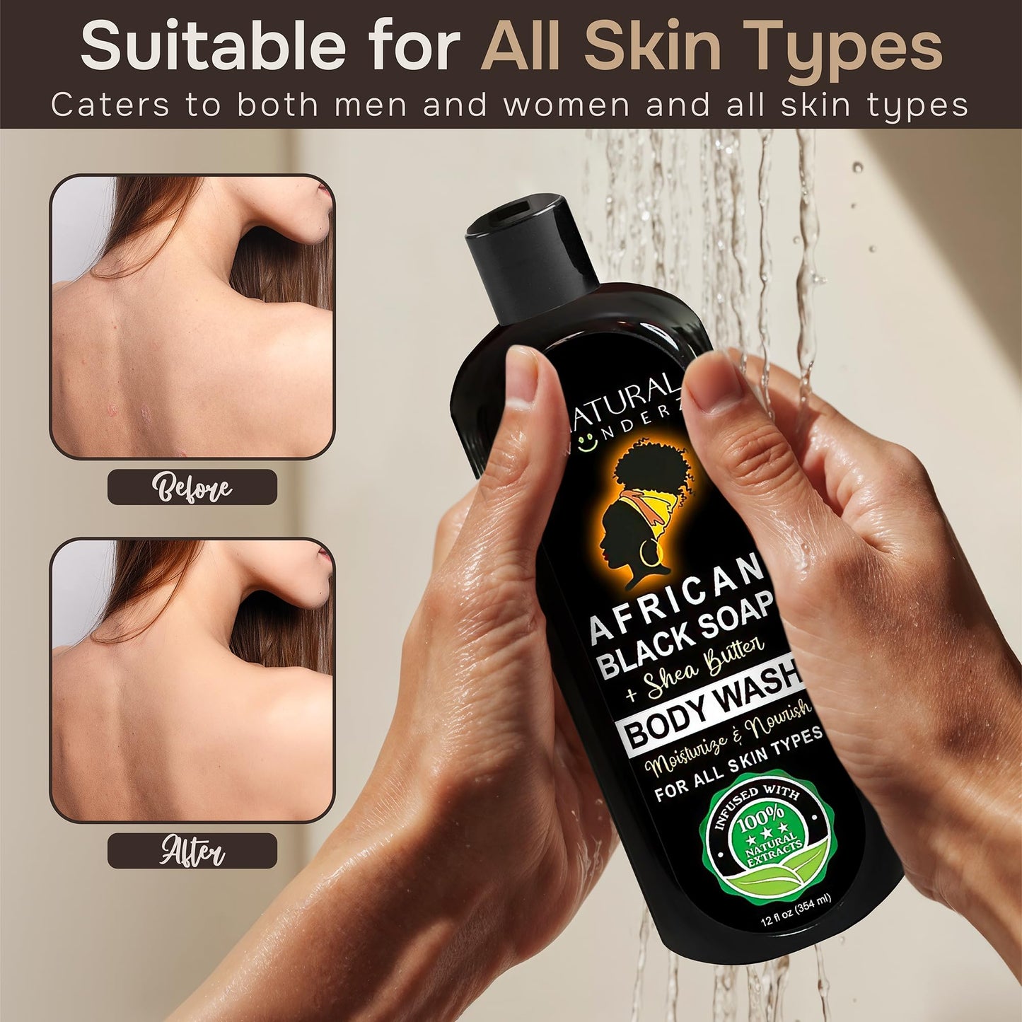 Natural Wunderz African Black Soap Body Wash, 12 oz – Sulfate‑Free, Vegan Cleanser with Shea Butter – Soothing, Detoxifying Shower Gel for Men & Women