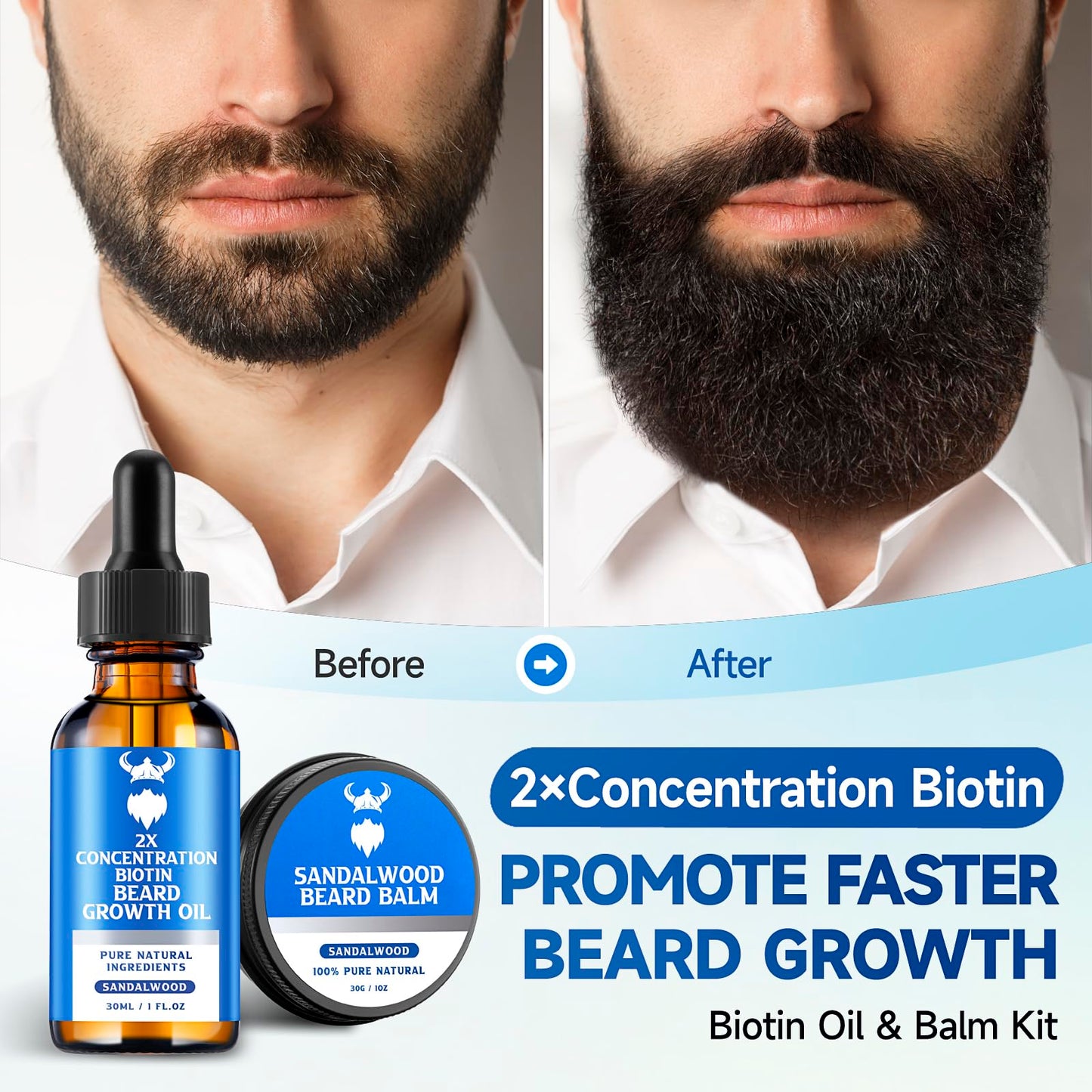 MistySprite Sandalwood Beard Growth Kit with 2X Biotin for Men and Vanilla Beard Growth Oil，Natural Ingredients & Thickens Facial Hair Growth