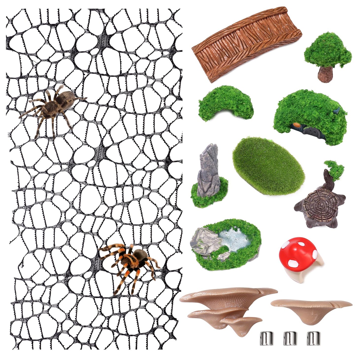 15 Pcs Jumping Spiders Hide Accessories, Jumping Spider Bridge Web Net, Mini Mountain Pond Trees Lawn Figurines Garden Mushroom Platform Decorations for Jumpings Spider Habitat Tank Enclosure Decor