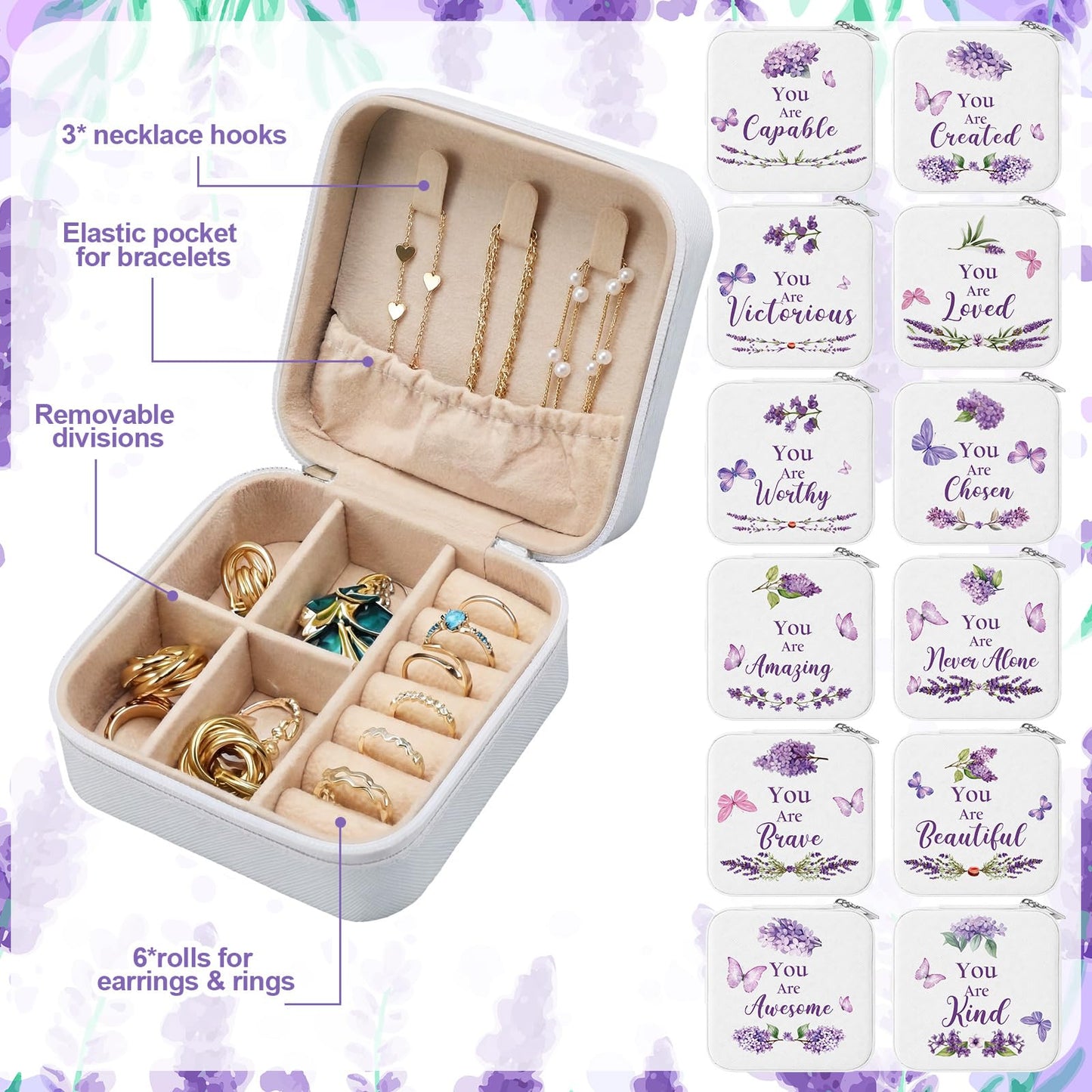 Kacctyen 12 Pcs Mini Travel Jewelry Case Bulk You Are Loved Mother's Day Church Gift Bulk Purple Butterfly Gift for Secretary Mother Girls Leather Travel Jewelry Case Mothers Day Church Gifts