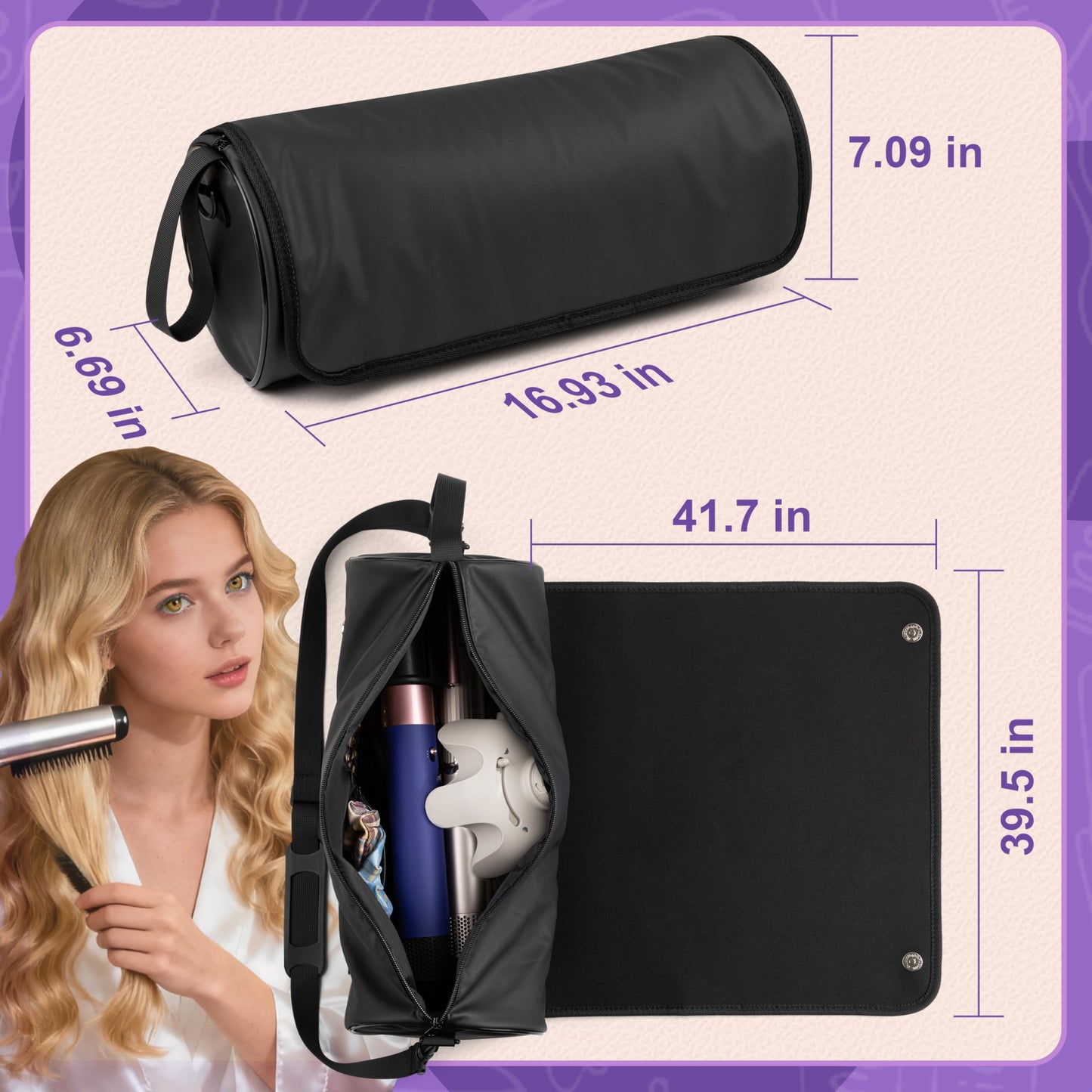 MIUONO Hair Tools Travel Bag, Hair Tool Organizer with Large Heat Resistant Mat, Hair Dryer Curling Iron Travel Case for Flat Irons, Straighteners and Haircare Accessories, Large