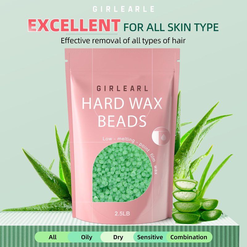GIRLEARLE 2.5lb Wax Beads for Hair Removal, Brazilian Bikini Waxing for Women Men, Hard Wax beads Perfect for Sensitive Skin Full Body Eyebrow, Legs, Face at Home Waxing Beads for Coarse Hair (Aloe)