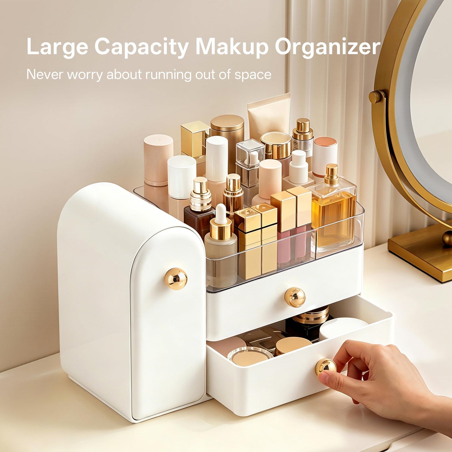 HBlife Makeup Organizer Countertop with Drawers, Vanity Organizers with Brush Holder, Bathroom Counter Organizer for Perfume, Nail Polishes, Lipsticks, Skincare and Eyeshadow Palettes, White and Gold