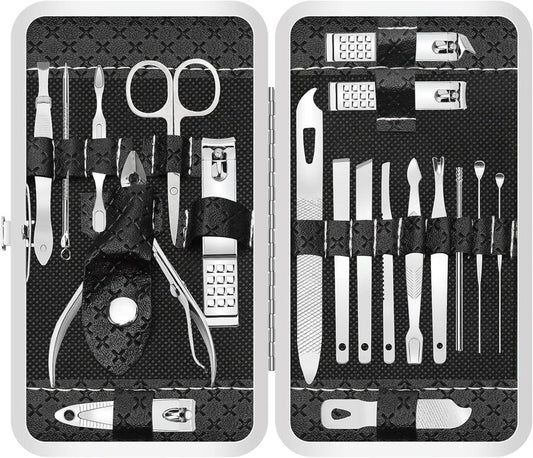 Professional 19-Piece Manicure Set - Stainless Steel Nail Clipper Kit for Travel | Grooming Tools with Leather Case
