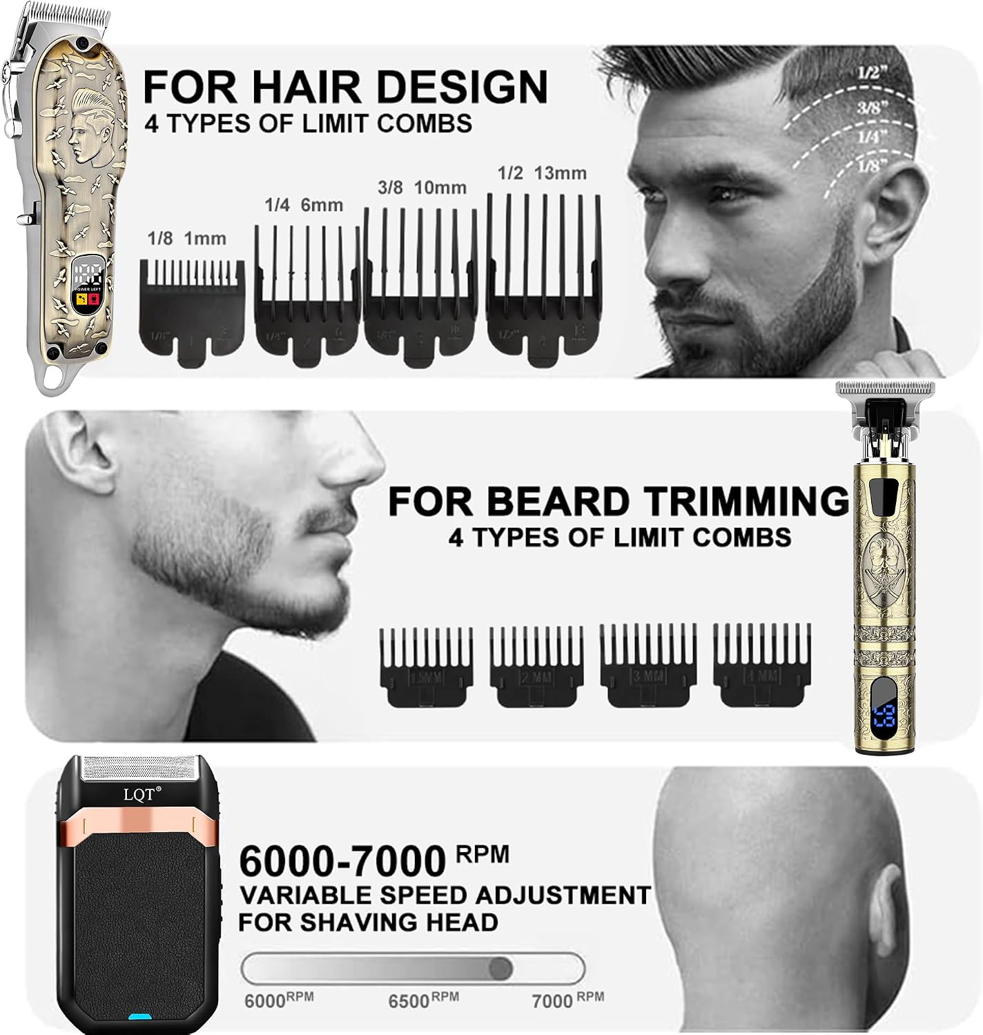 Professional Barber Kit - Cordless Hair Clipper, Trimmer & Shaver Set with LED Display | USB-C Rechargeable, Low Noise, Grooming Gift for Men (Bronze)