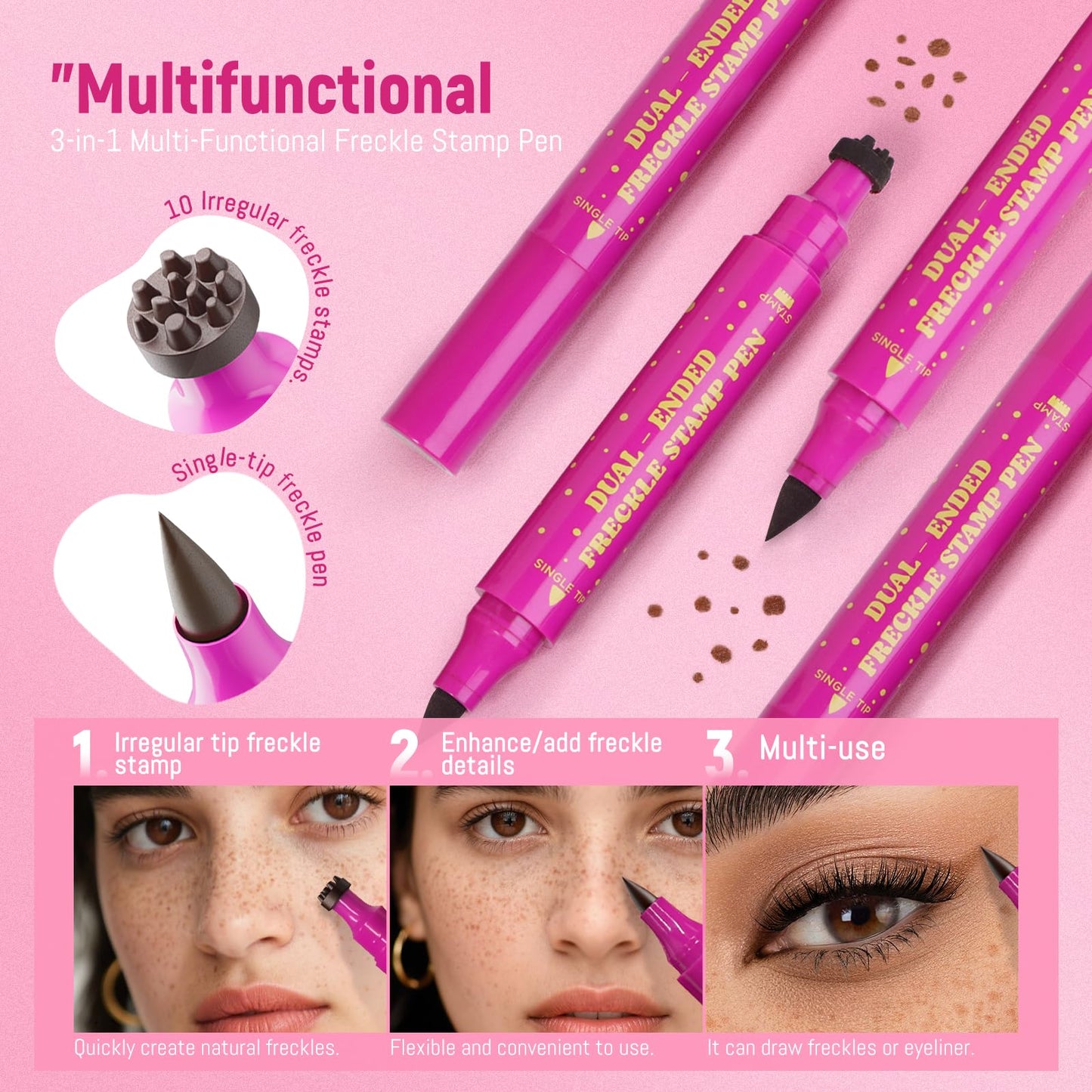 HOSAILY 2 in 1 Freckle Stamp Pen Waterproof for Natural Lifelike Faux Freckle Stamp Long Lasting Quick Dry Magic Fake Freckles Stain Marker Pen for Sunkissed Makeup 01#Light Brown