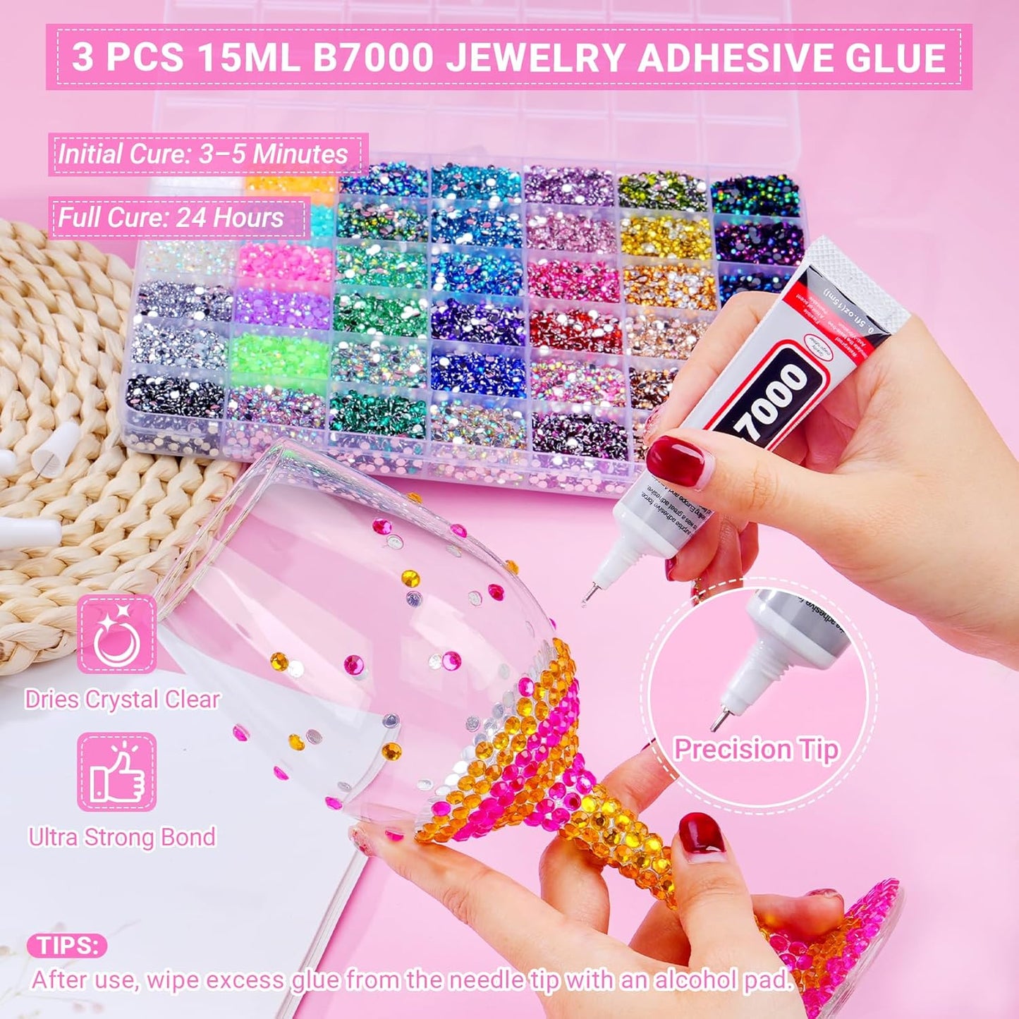 Jelly Rhinestones - 46,000 Pcs Multicolor 3mm Flatback Gems for Crafting | Bedazzler Kit with 3 Pcs 15ml B7000 Jewelry Glue